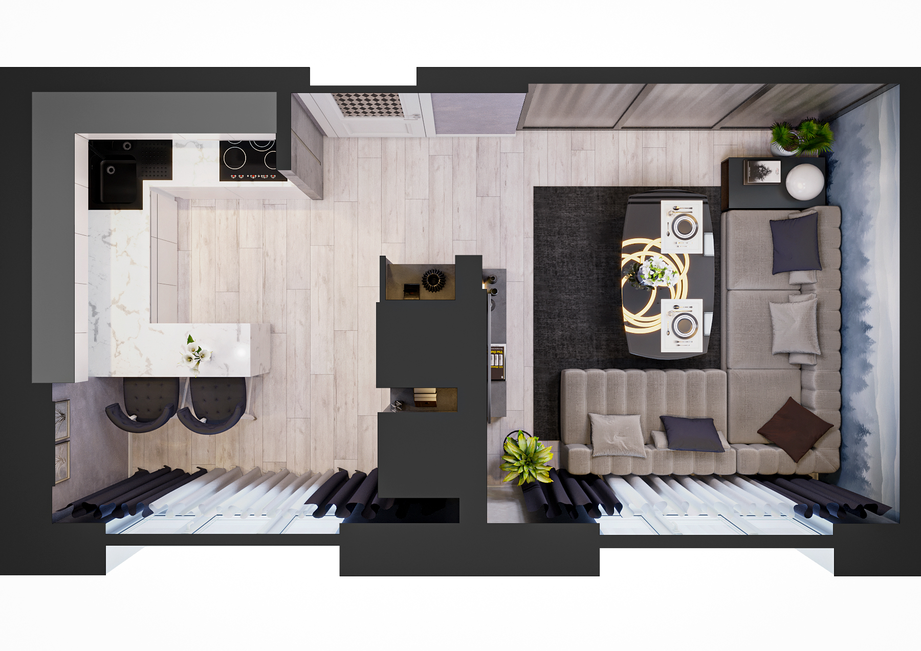 कमरे में रसोई-भोजन 3d max corona render में प्रस्तुत छवि