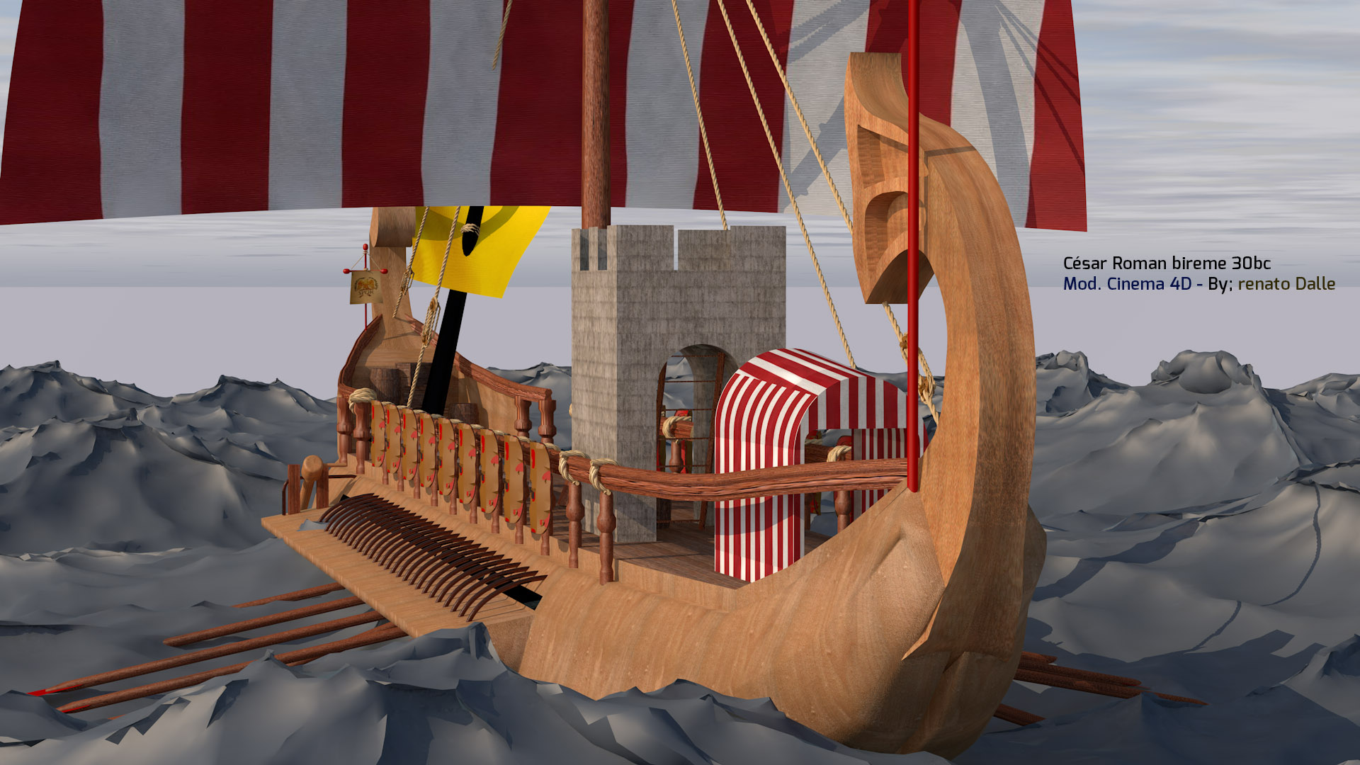 imagen de barco romano en Cinema 4d maxwell render