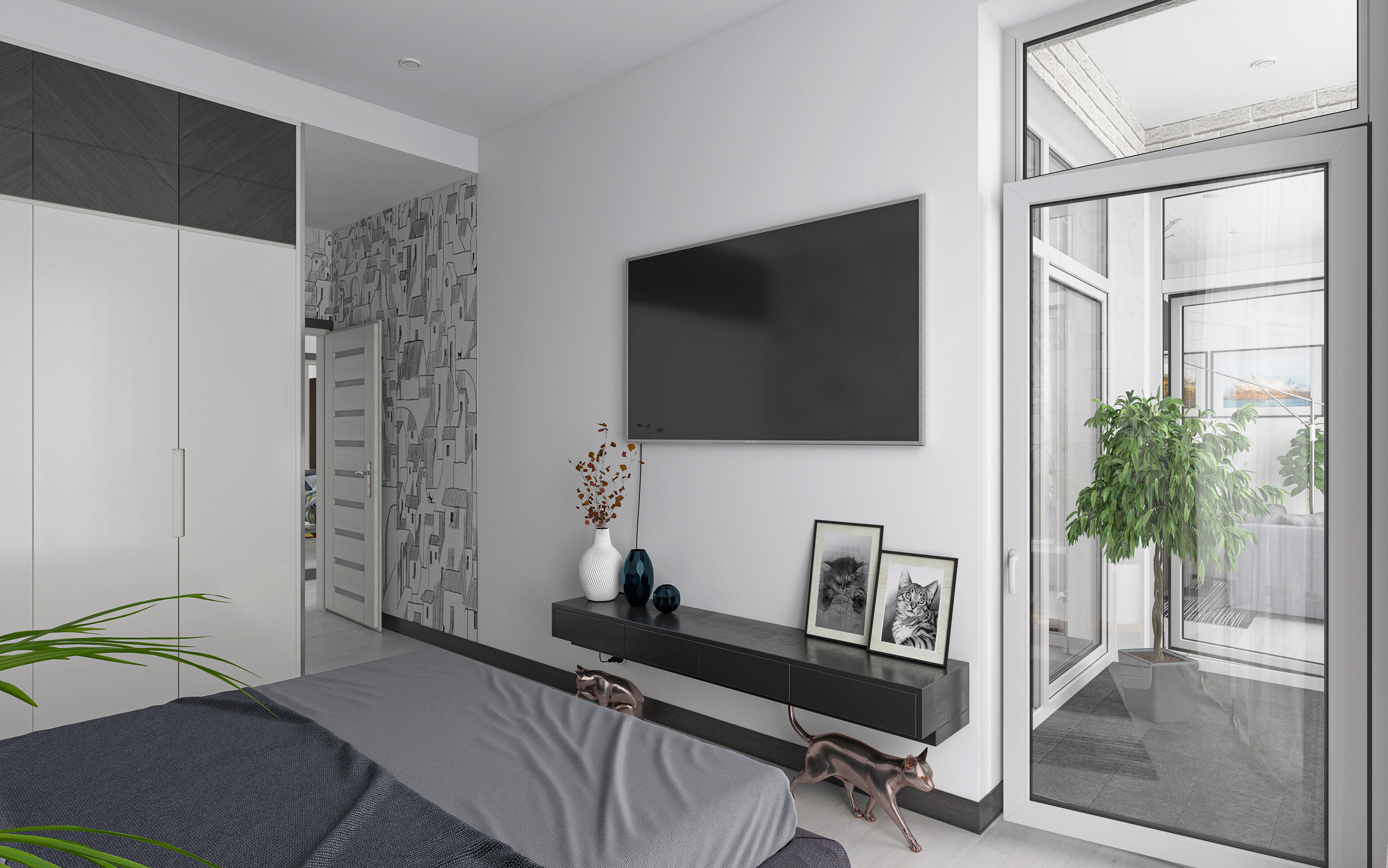 तीन कमरे का अपार्टमेंट S64 3d max corona render में प्रस्तुत छवि