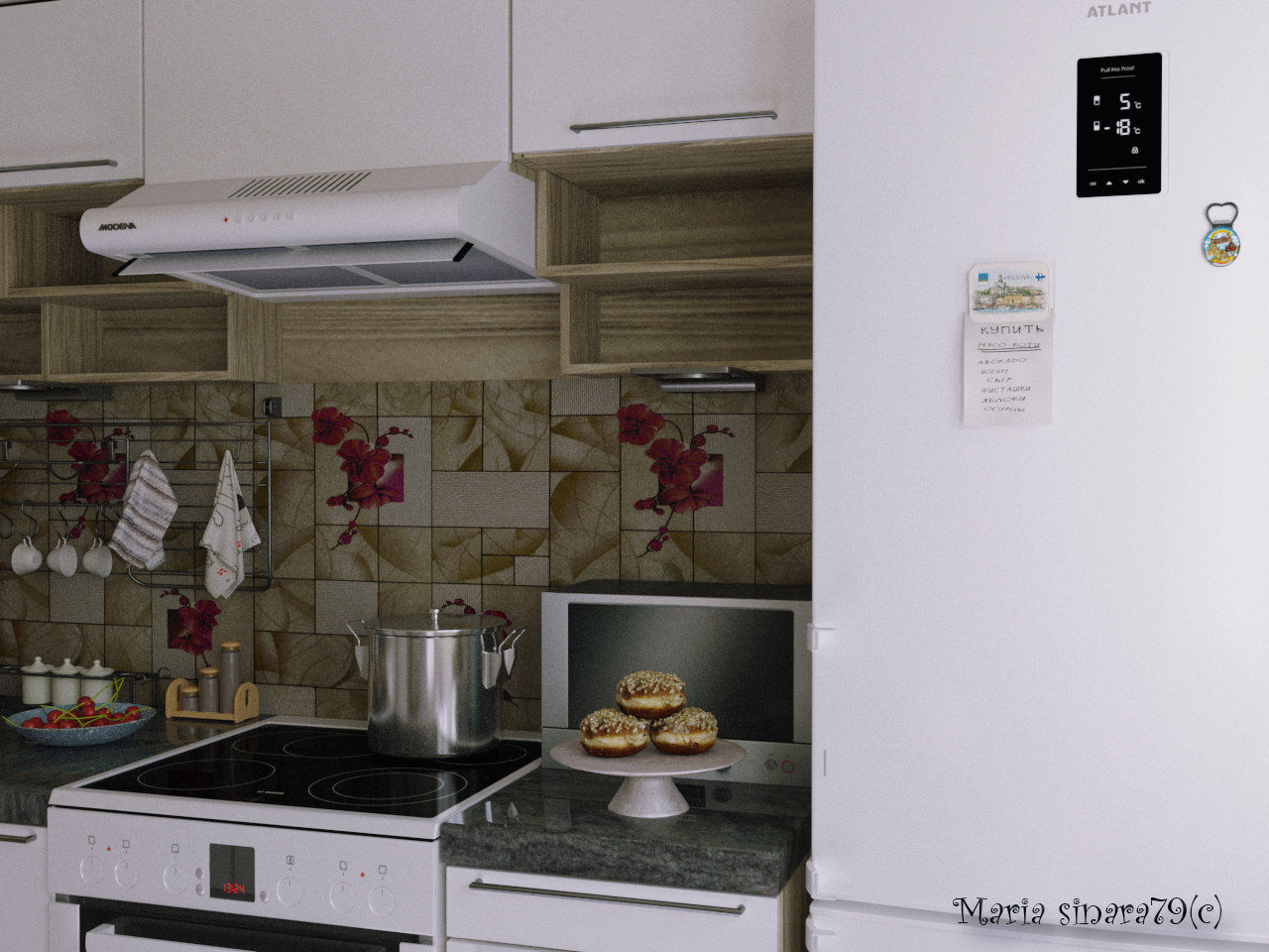 Кухня в тёплых тонах в 3d max corona render изображение