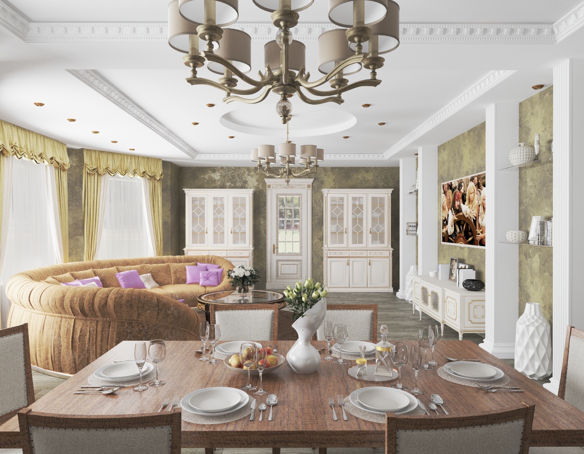 रसोई के साथ संयुक्त रहने का कमरा 3d max vray 3.0 में प्रस्तुत छवि