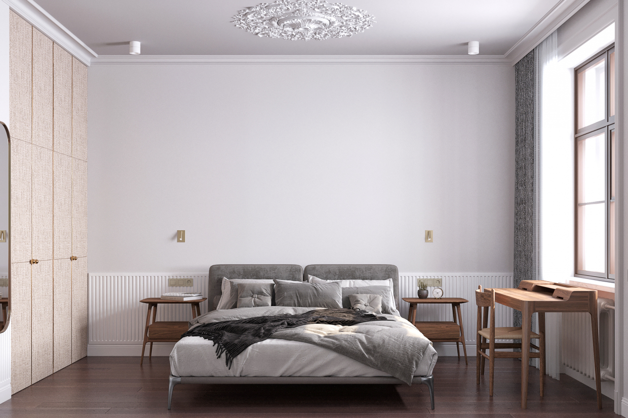 एक बेडरूम का 3 डी प्रतिपादन। 3d max corona render में प्रस्तुत छवि