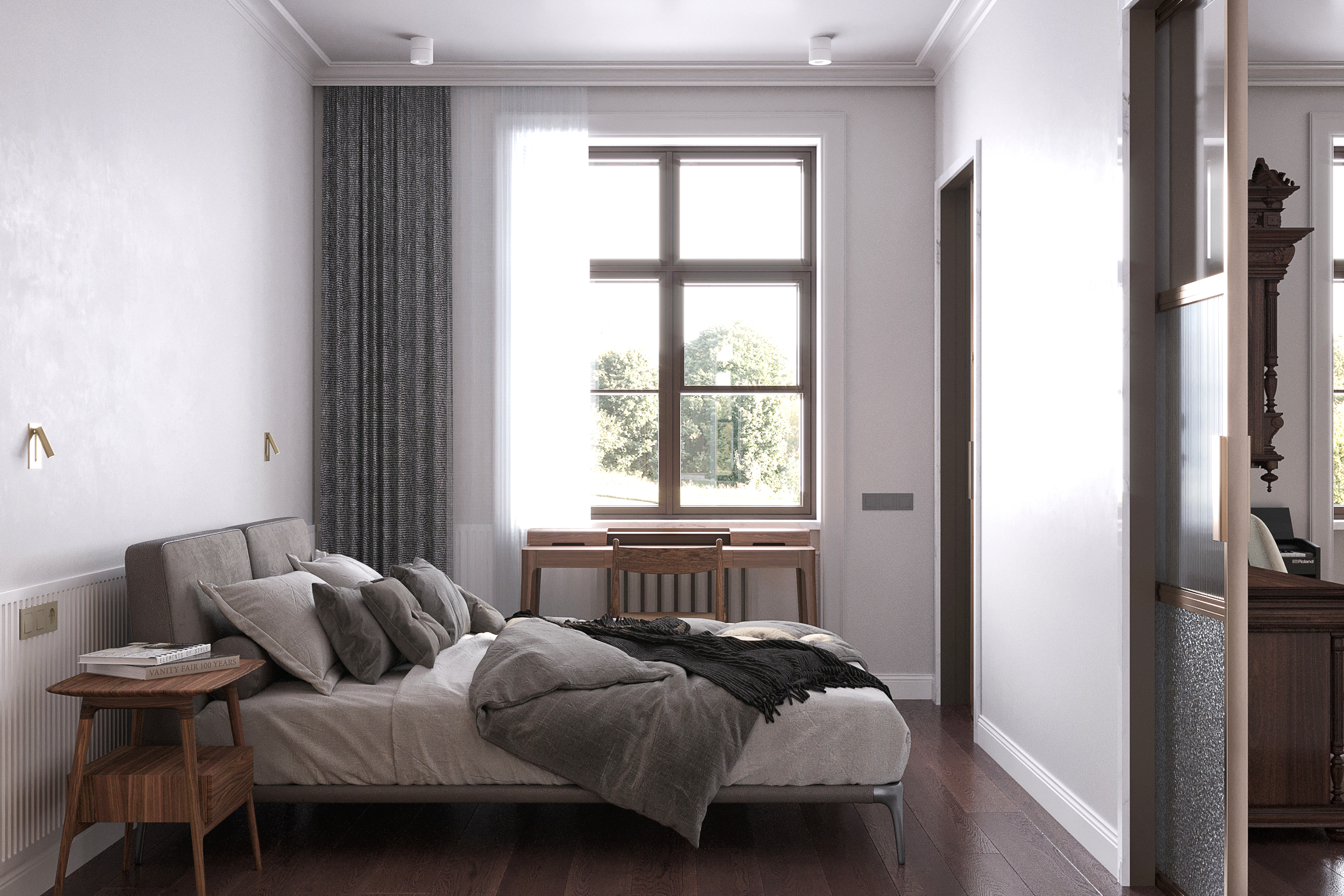 Bir yatak odasının 3 boyutlu görüntüsü. in 3d max corona render resim