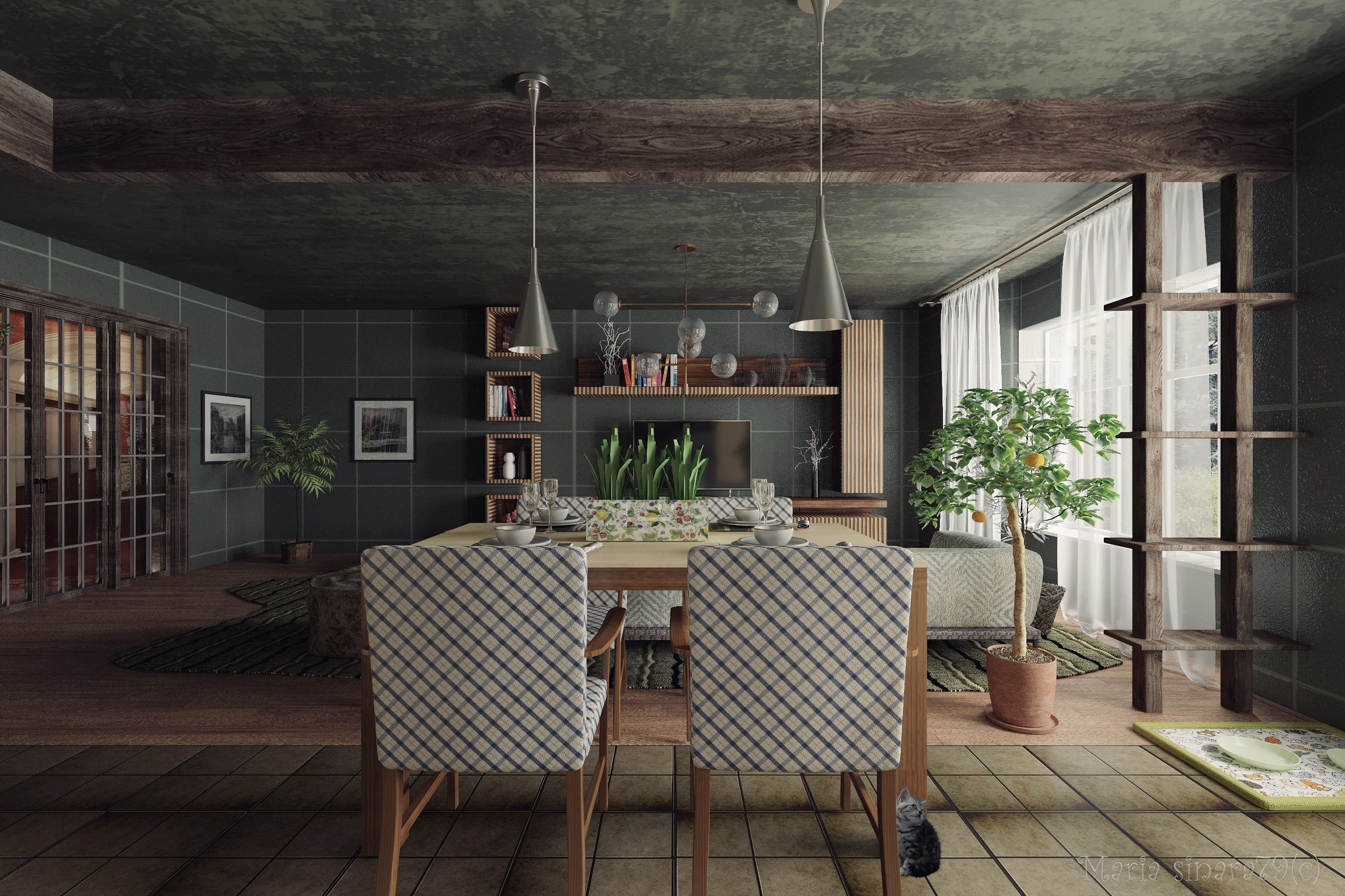 Dunkles Interieur "Sommerstimmung" in 3d max corona render Bild