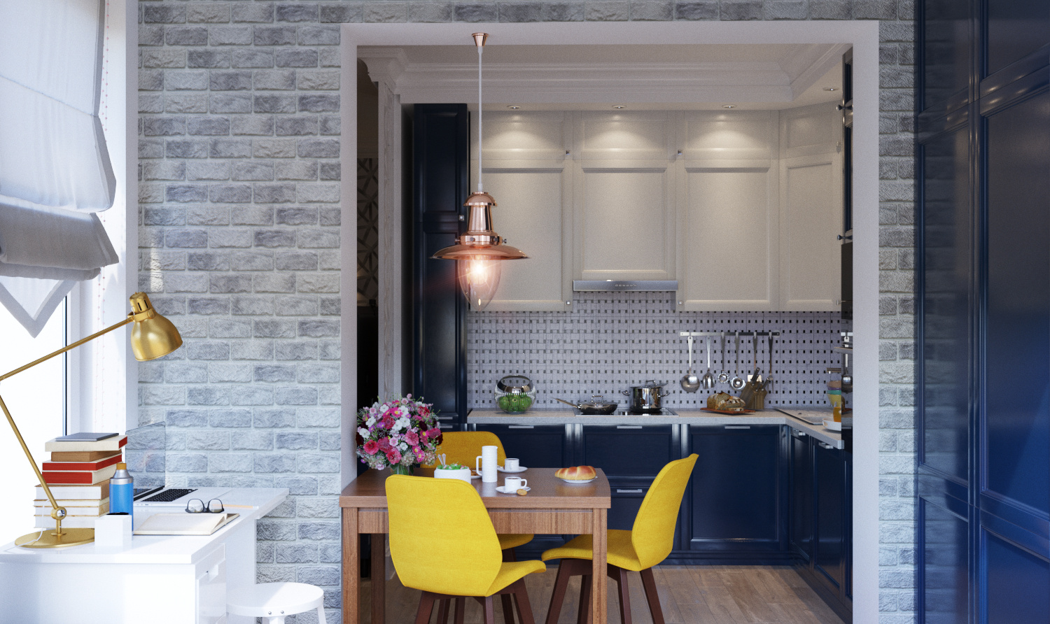 रसोईघर के साथ लिविंग रूम 3d max corona render में प्रस्तुत छवि