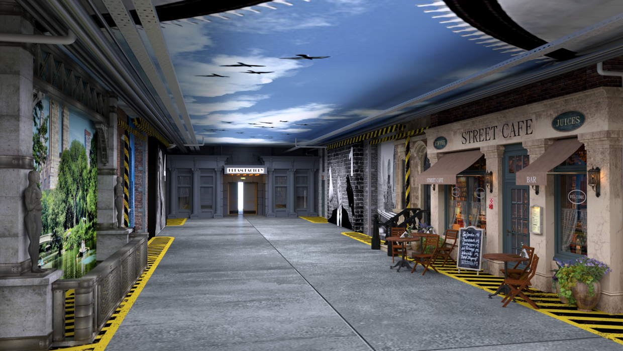 decorative design of the transport corridor of the film studio KinoPolis in St. Petersburg in 3d max corona render image