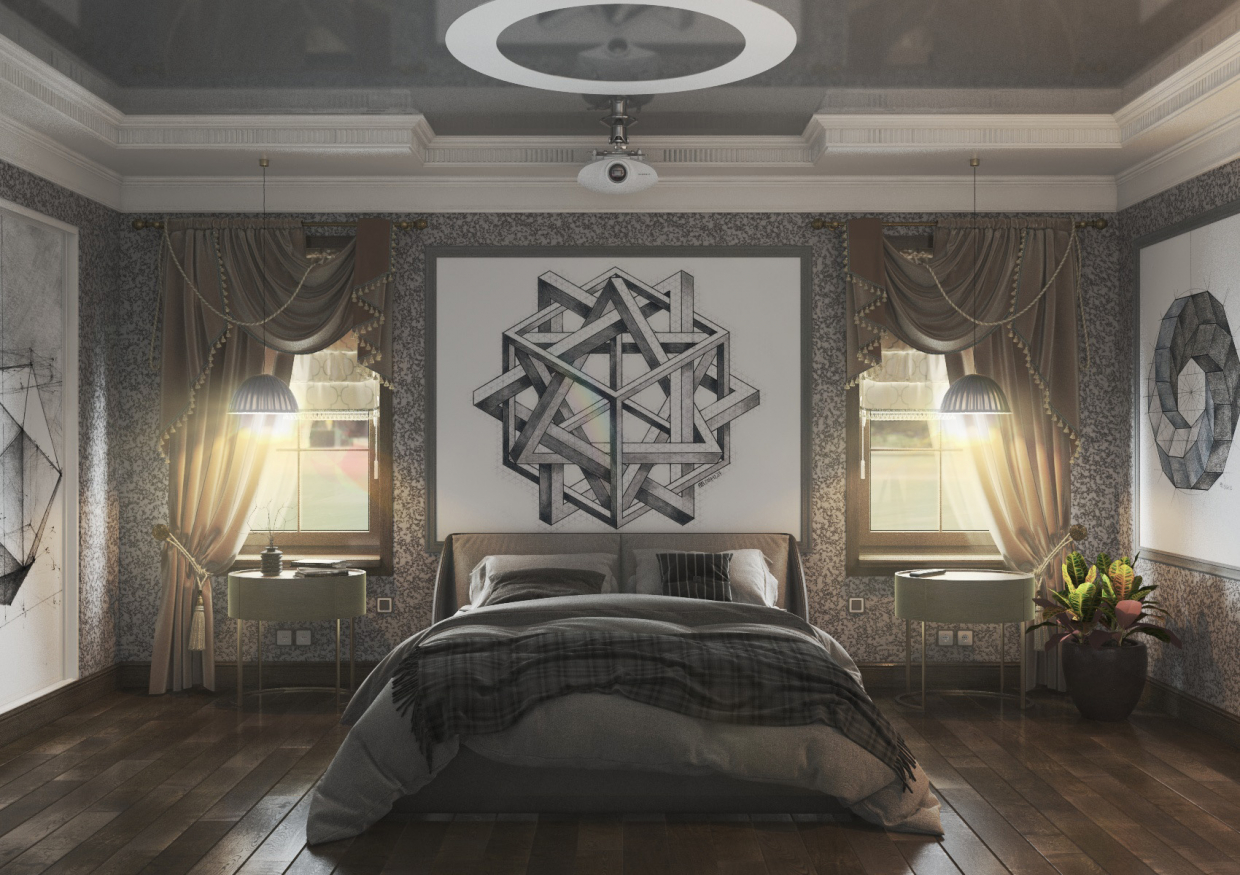Projektörlü rahat yatak odası. in 3d max vray 3.0 resim