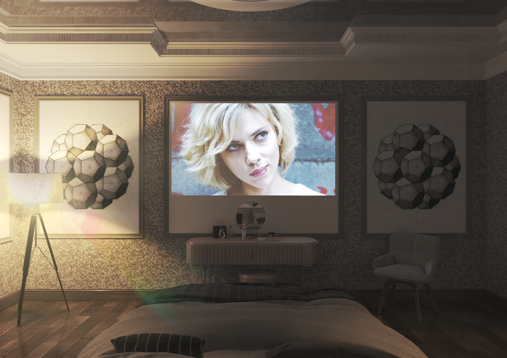 imagen de Acogedor dormitorio con proyector. en 3d max vray 3.0