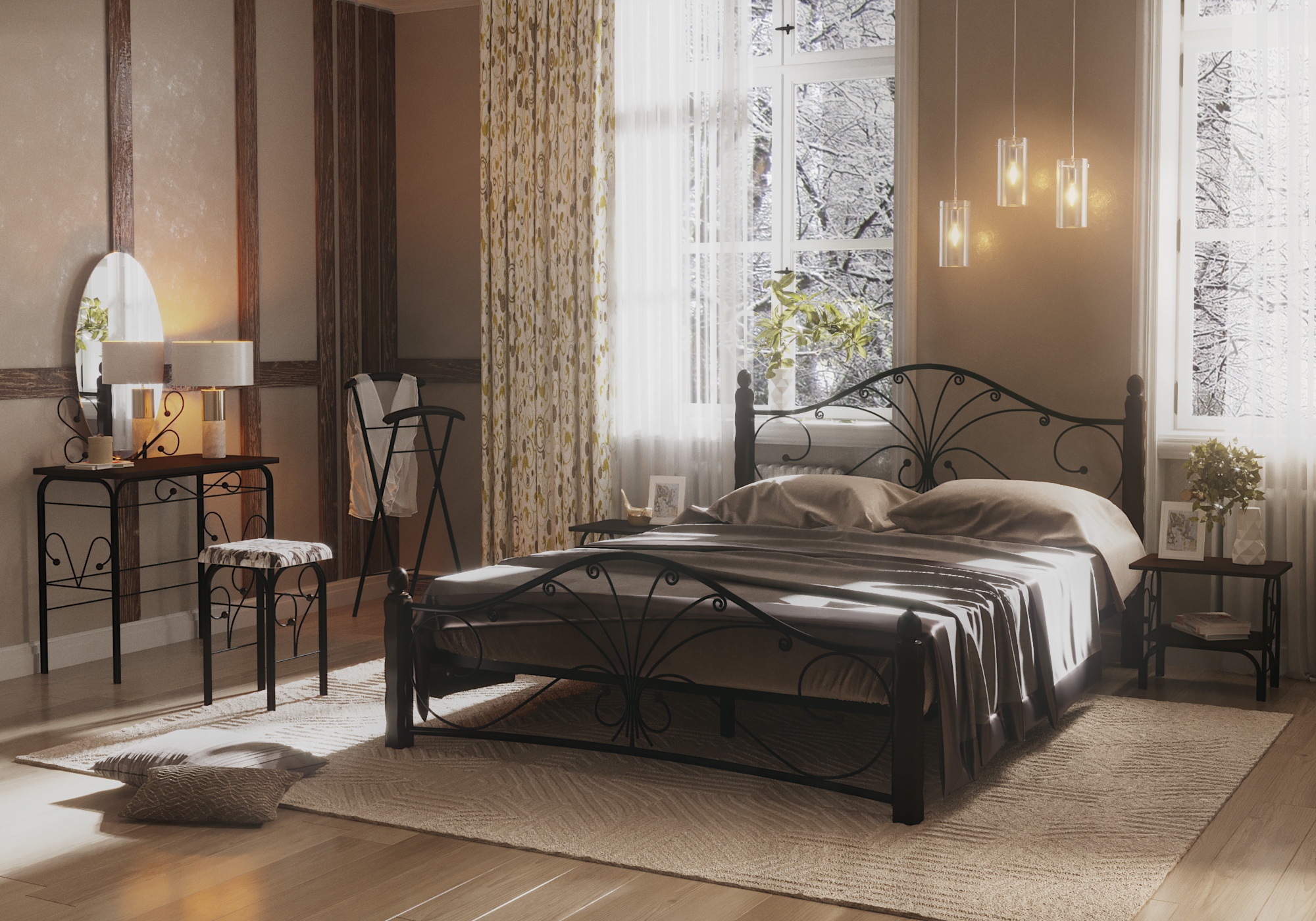Спальня, кованные кровати в 3d max corona render изображение