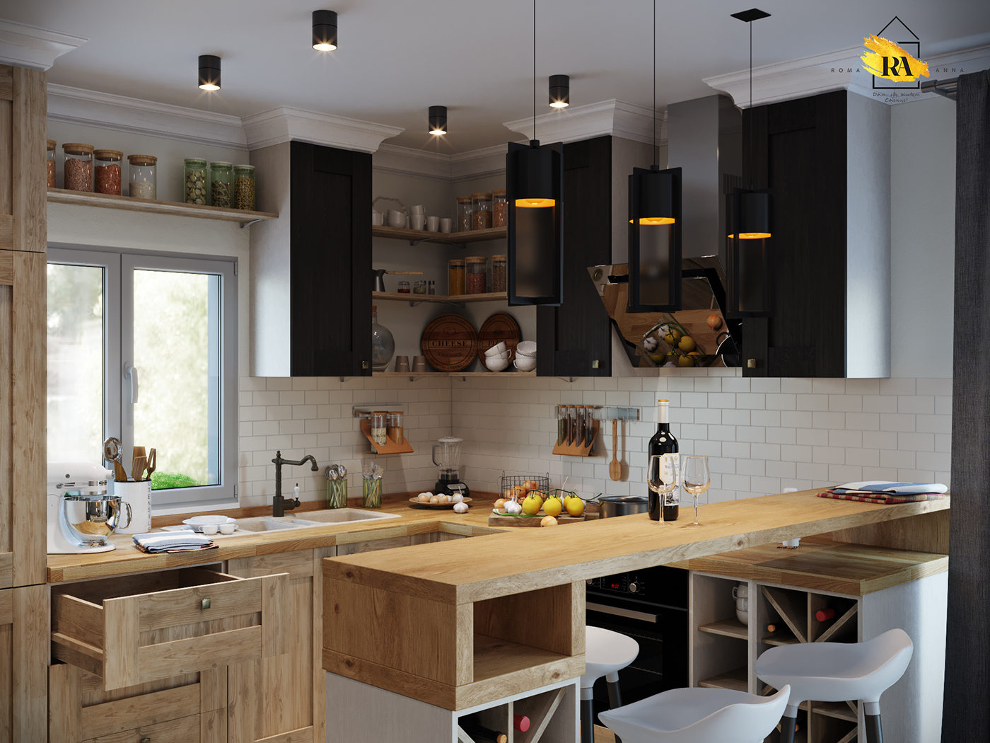 Kitchen. Unusual country in 3d max corona render image