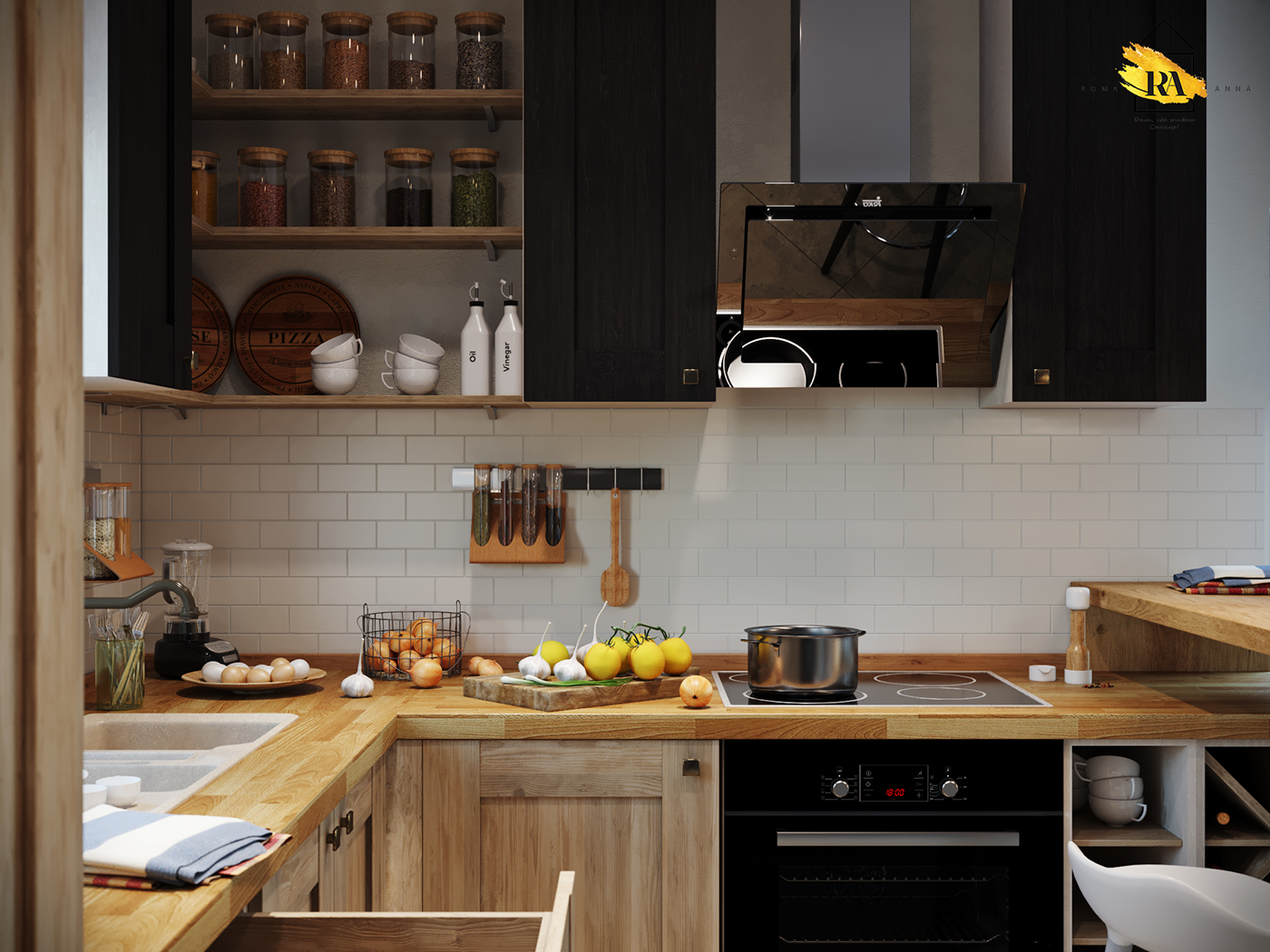 Kitchen. Unusual country in 3d max corona render image