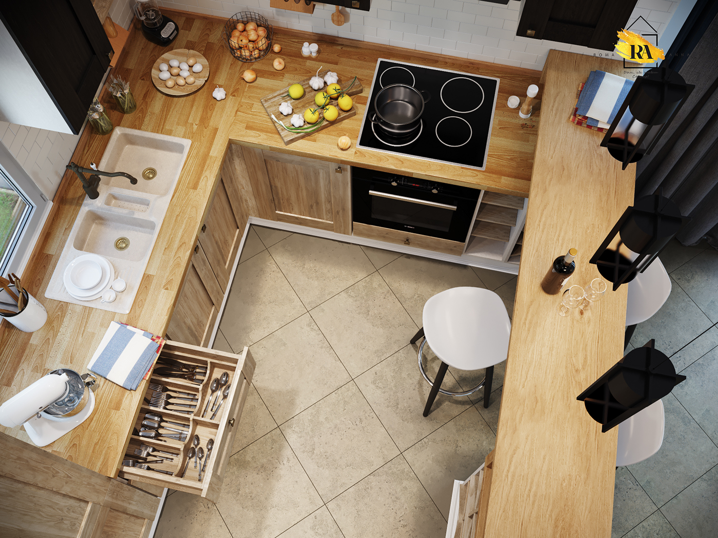 Kitchen. Unusual country in 3d max corona render image