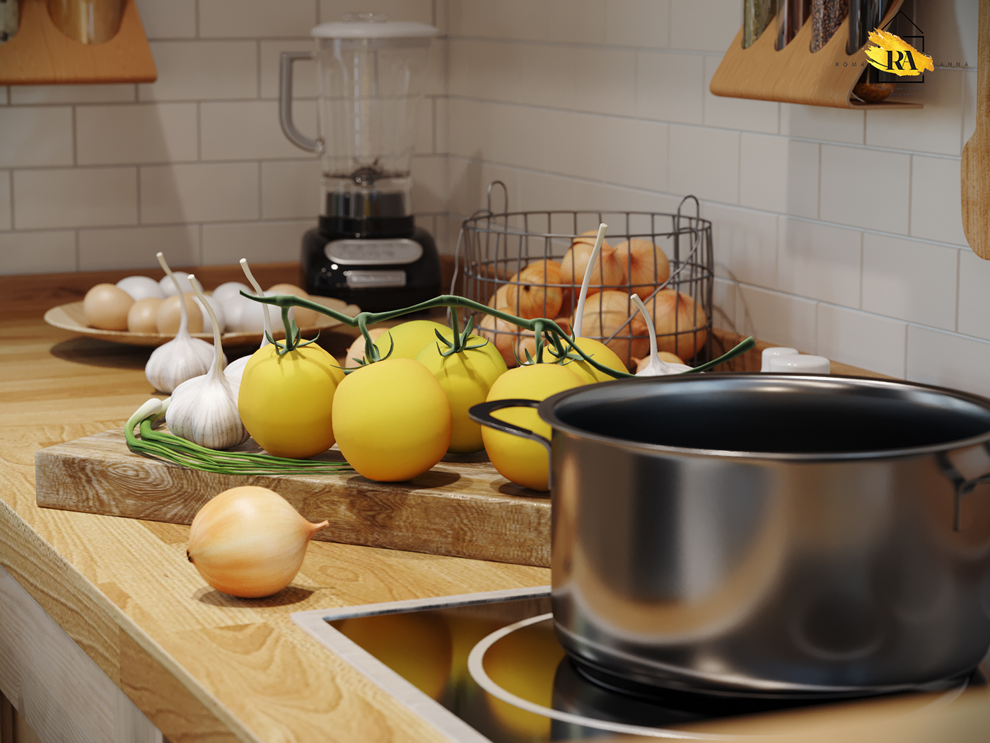 Kitchen. Unusual country in 3d max corona render image