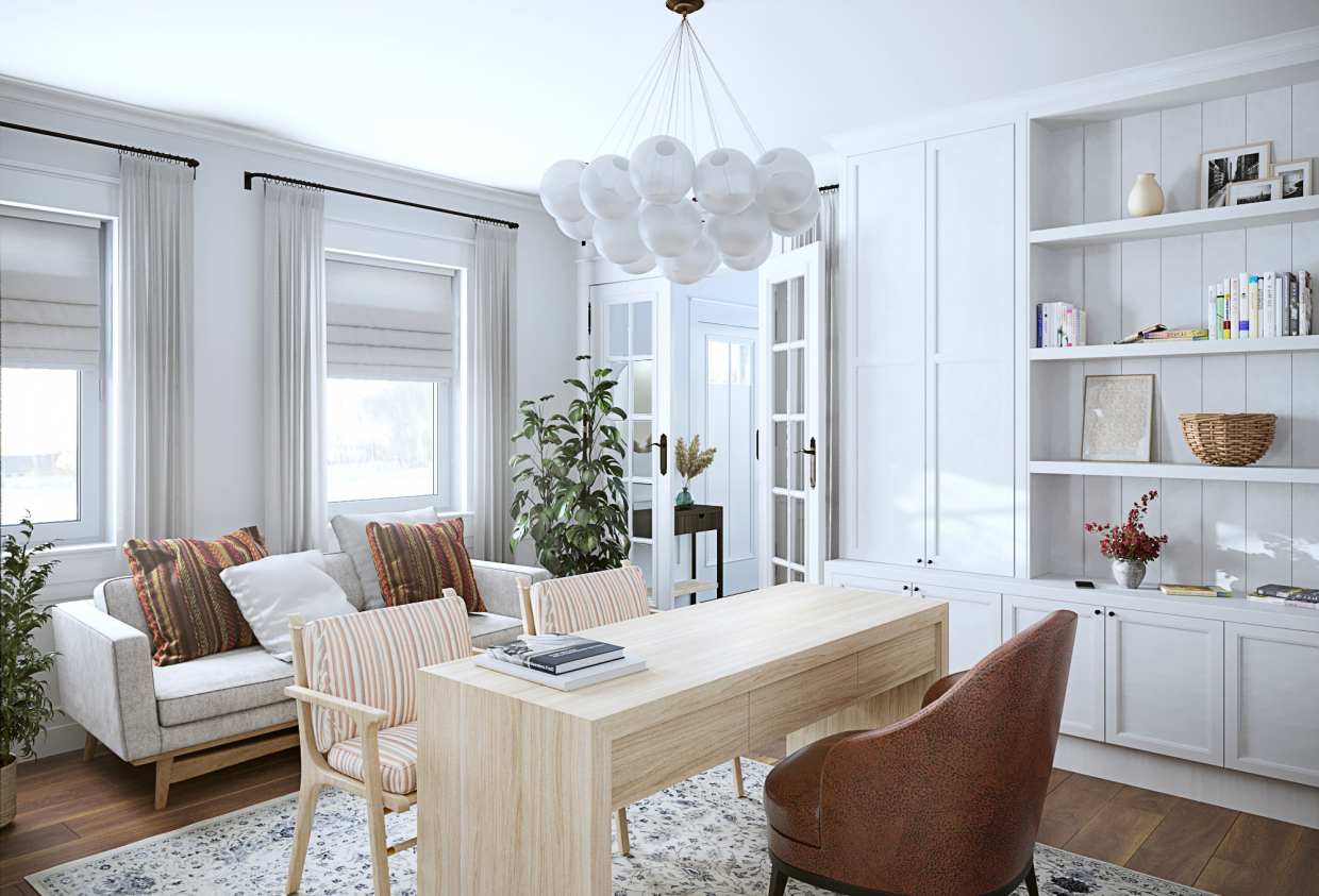 सफेद में रहने का कमरा 3d max corona render में प्रस्तुत छवि