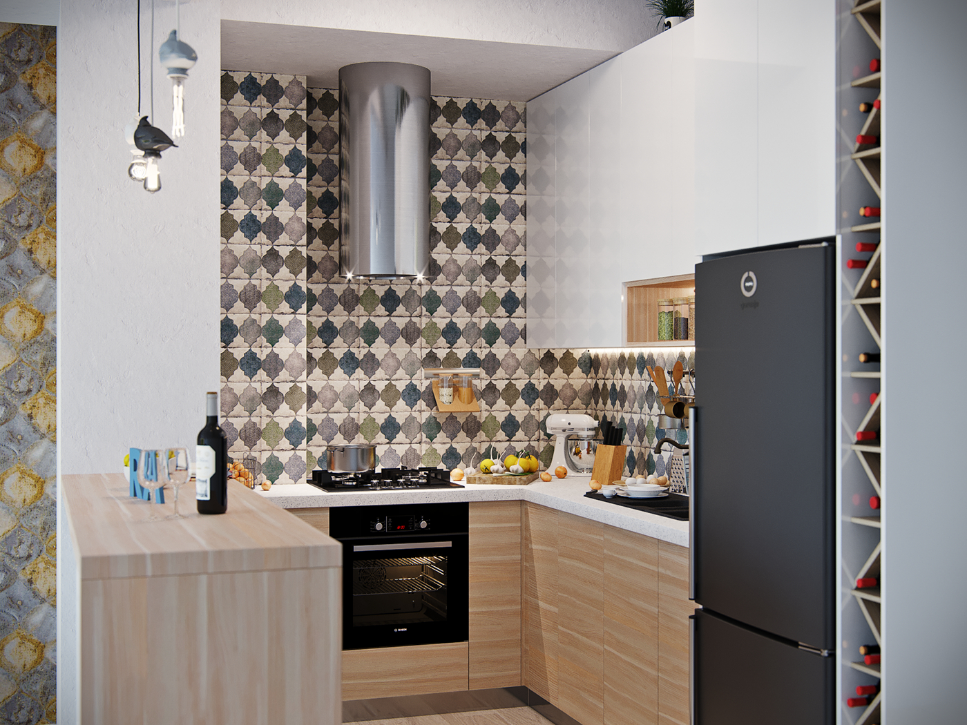 Kitchen. Free layout with tight restrictions. Tbilisi city in 3d max corona render image