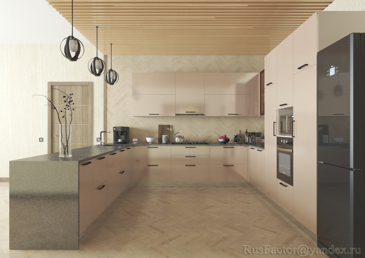 Grande cozinha moderna em forma de U (iluminação diurna e noturna) em 3d max vray 3.0 imagem