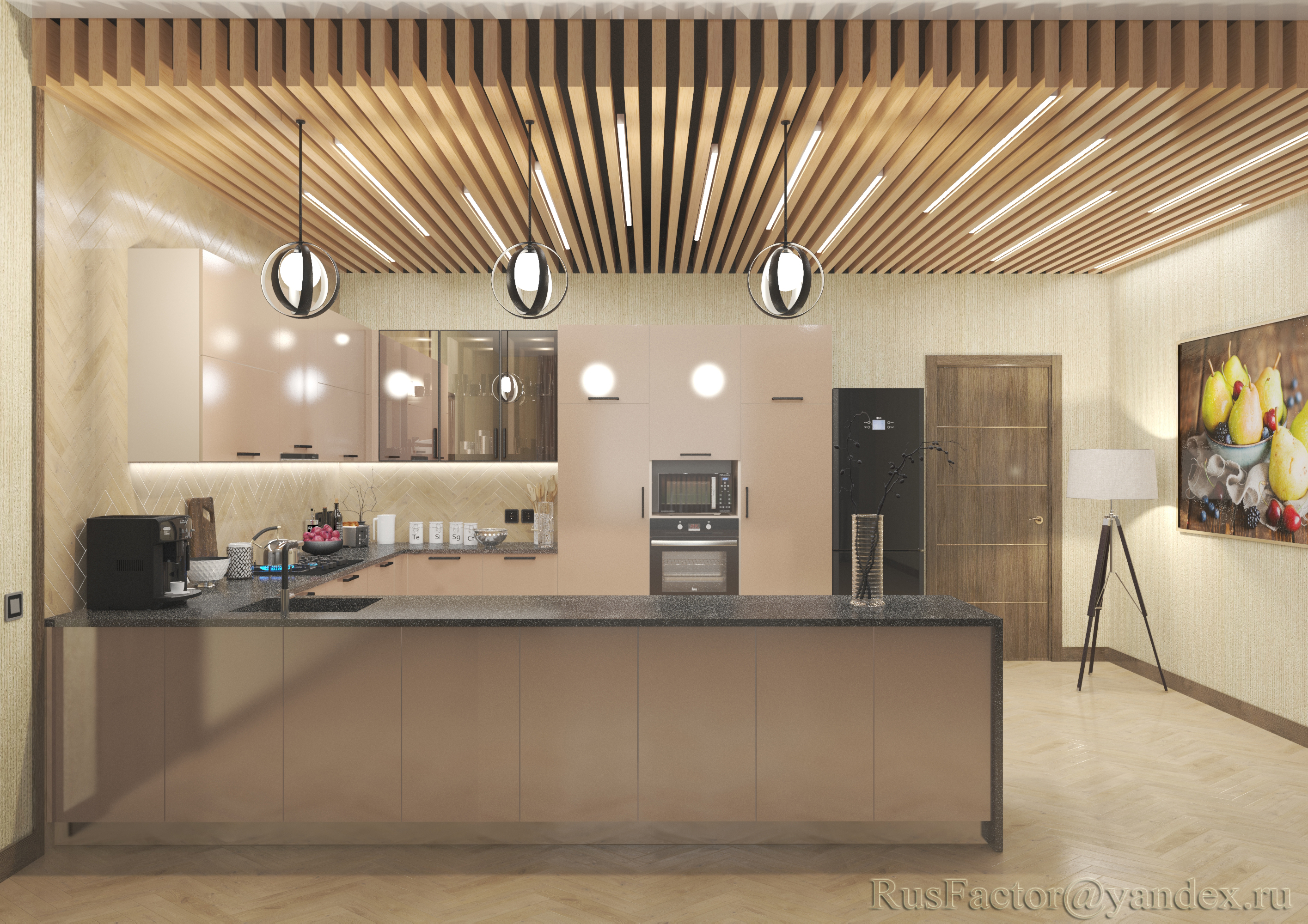 Large modern U-shaped kitchen (day and evening lighting) in 3d max vray 3.0 image