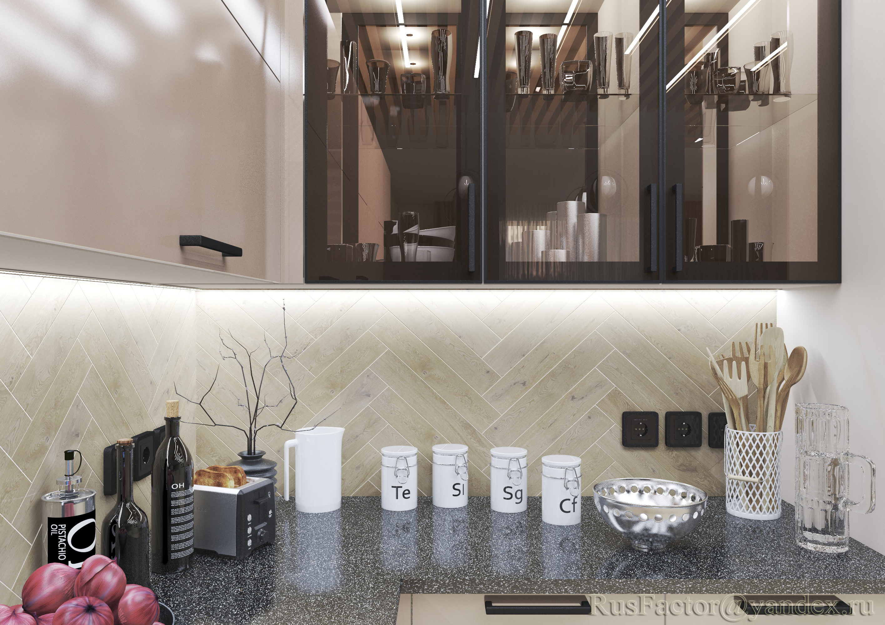 Large modern U-shaped kitchen (day and evening lighting) in 3d max vray 3.0 image