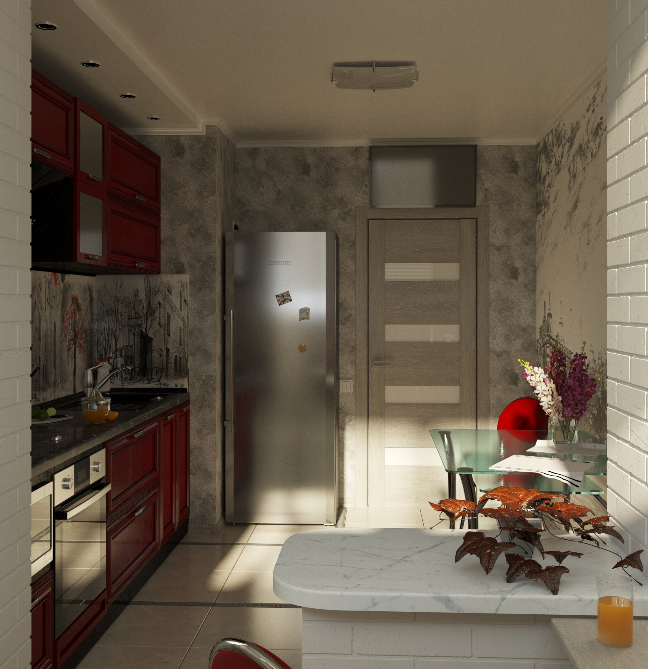दो कमरे की रसोई 3d max corona render में प्रस्तुत छवि