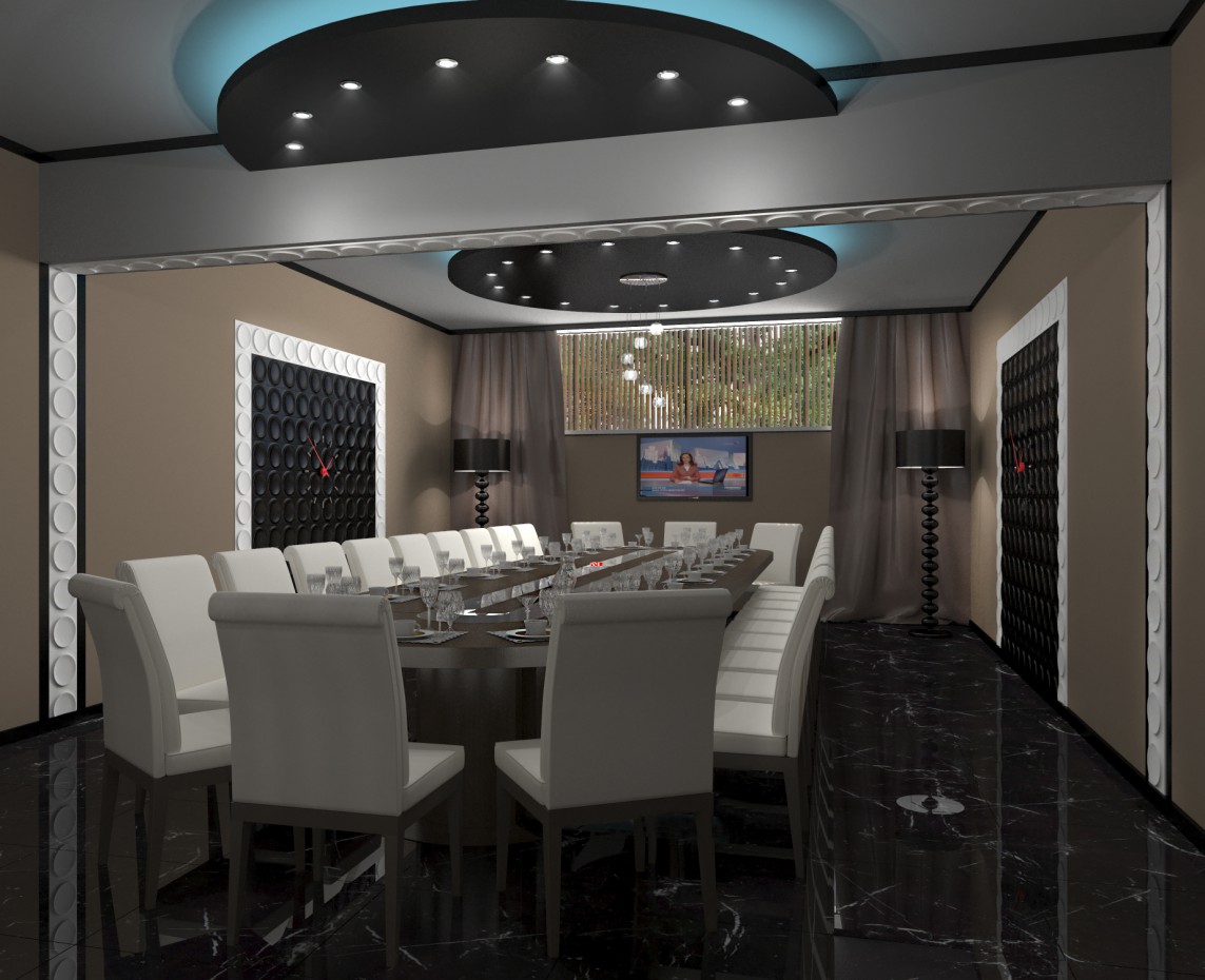 Banquet room in the dining room of a nuclear power station in 3d max corona render image