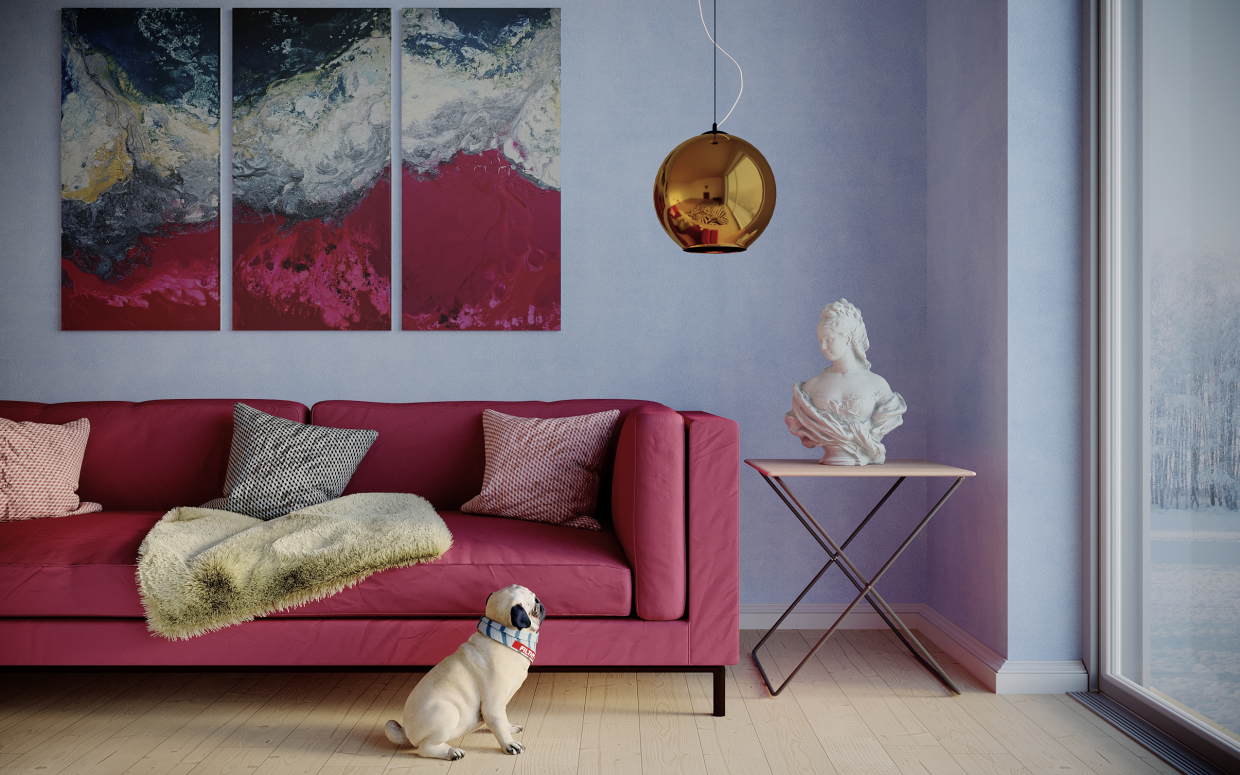 Interior with a pug in 3d max corona render image