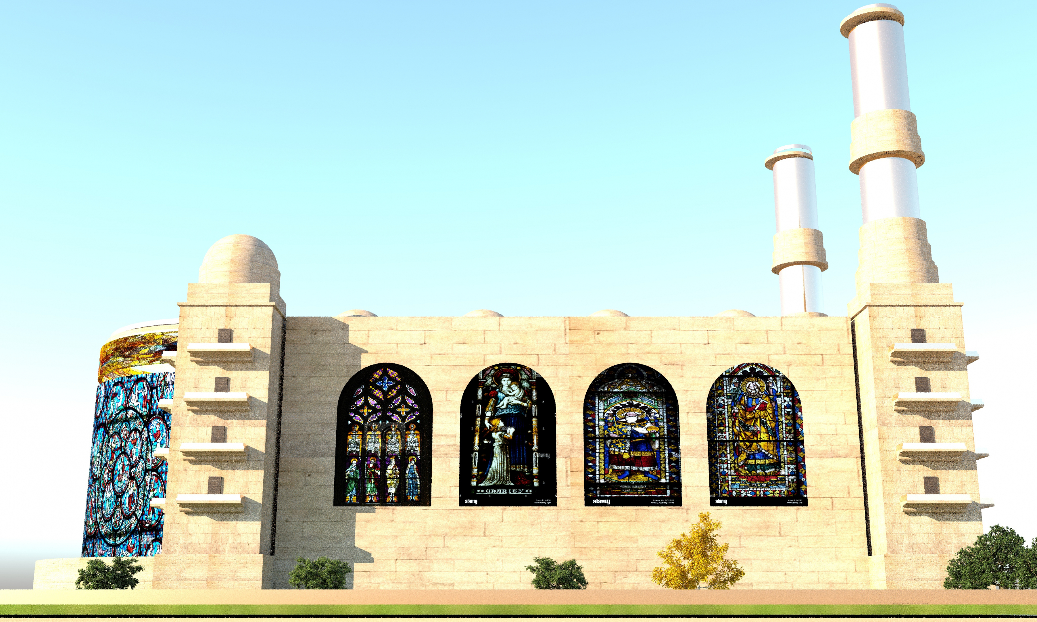 Catedral fictícia com torres douradas em AutoCAD vray 3.0 imagem