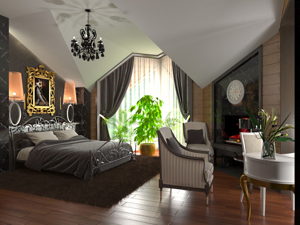 Cпальня в коттедже из бруса в 3d max corona render изображение