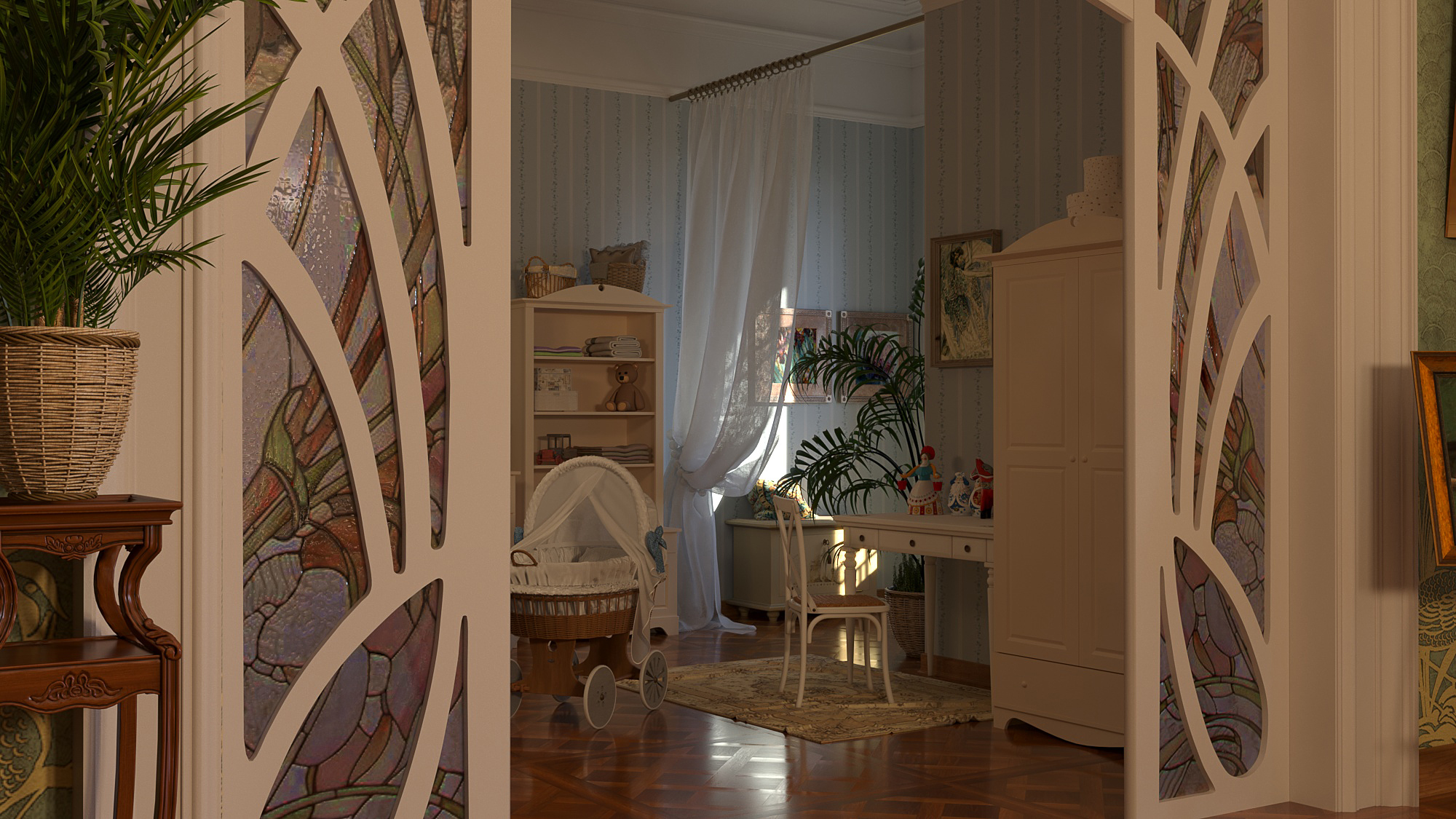 Skizze der Szenerie "Vrubels Wohnung" in 3d max corona render Bild