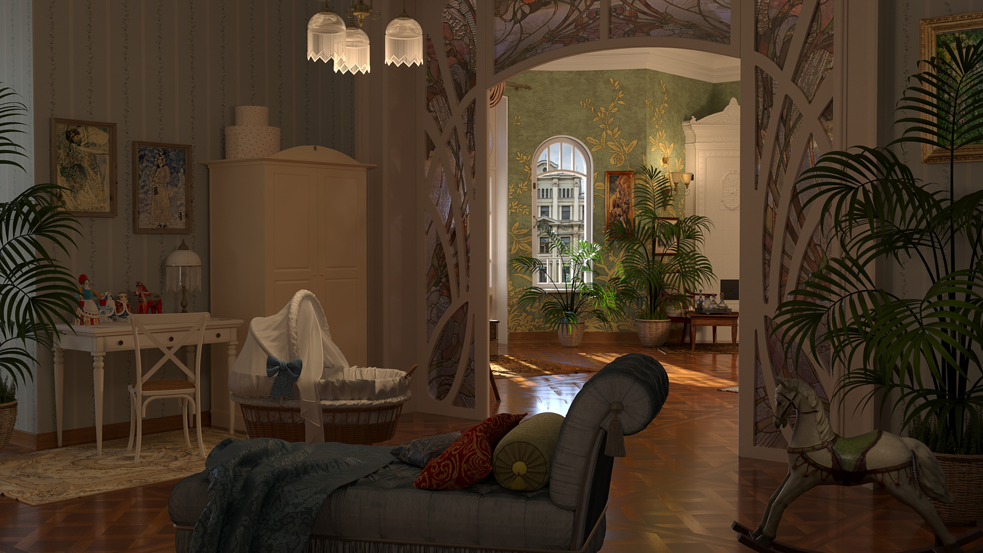 Skizze der Szenerie "Vrubels Wohnung" in 3d max corona render Bild