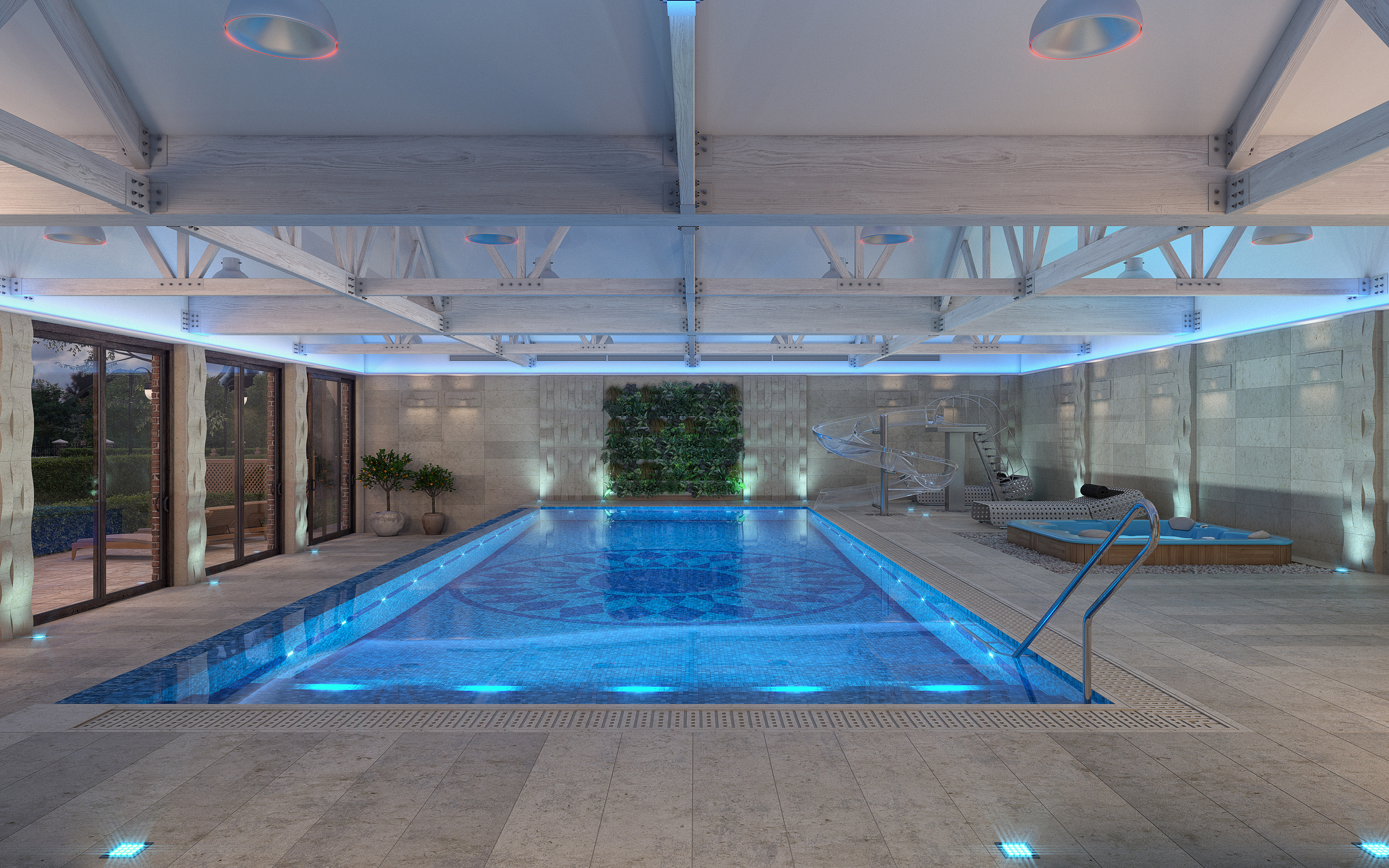 स्विमिंग पूल। 3d max corona render में प्रस्तुत छवि