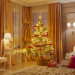 Uma árvore de Natal na sala de estar.