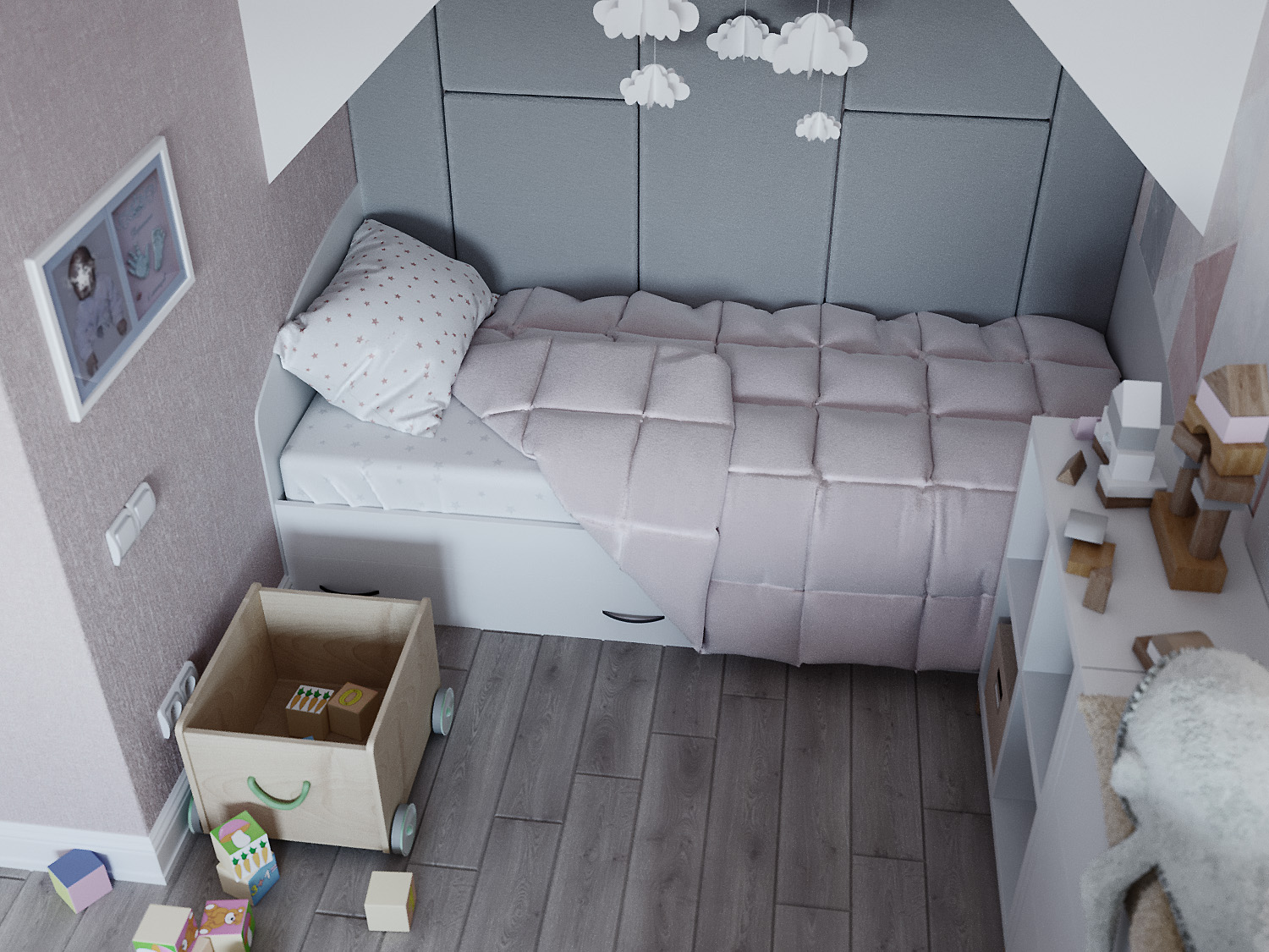 एक छोटी लड़की के लिए बच्चों का कमरा 3d max corona render में प्रस्तुत छवि
