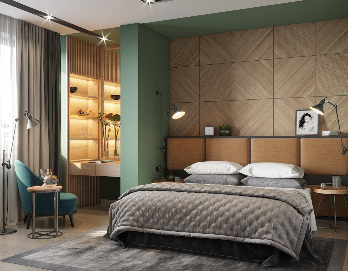 Zümrüt tonlarında yatak odası in 3d max corona render resim