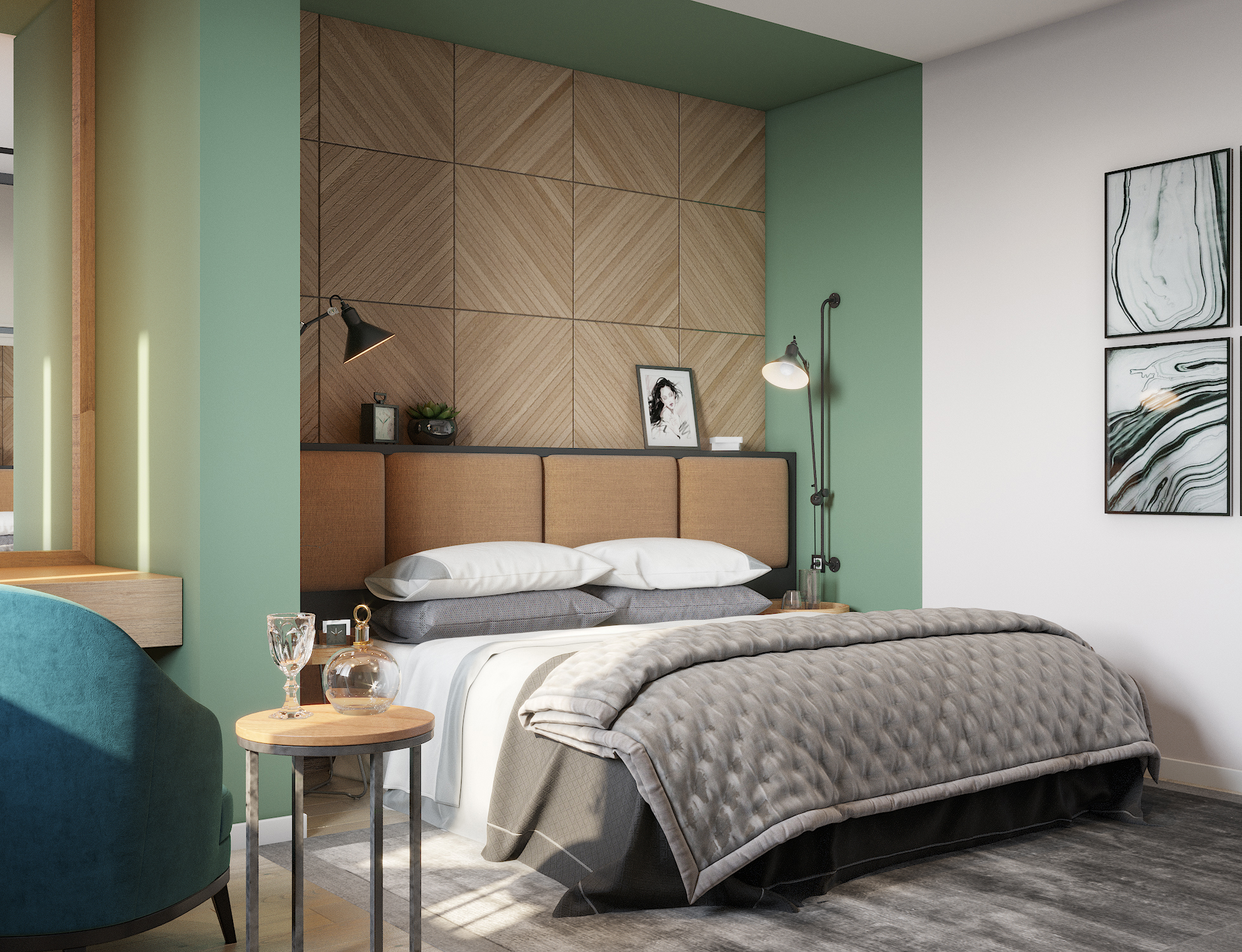Camera da letto nei toni smeraldo in 3d max corona render immagine
