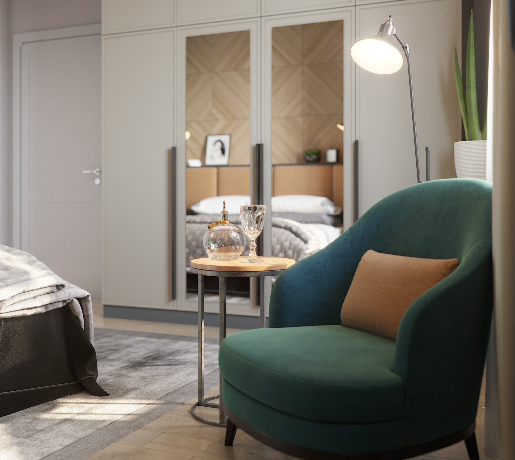 Schlafzimmer in Smaragdtönen in 3d max corona render Bild