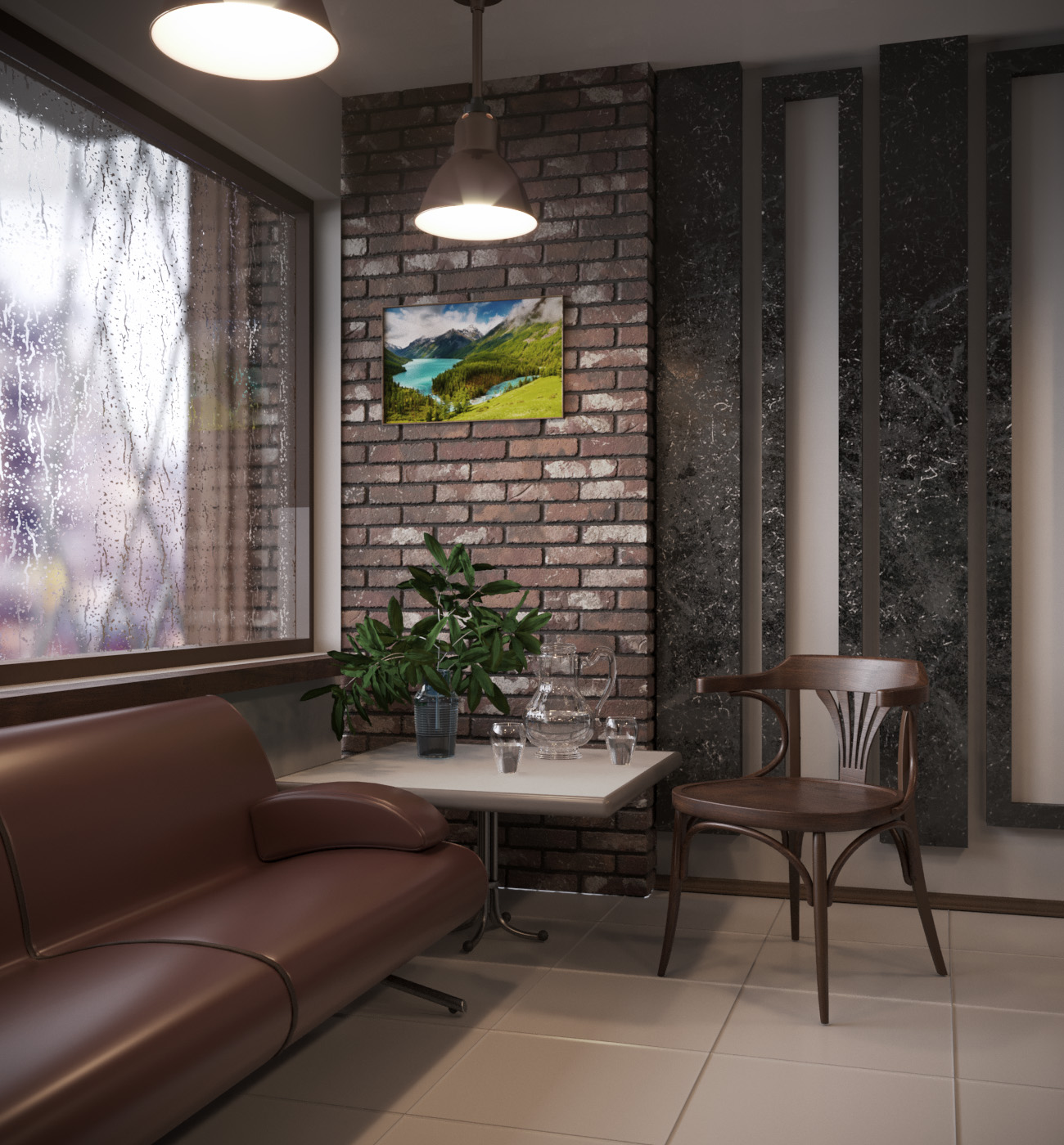 Rainy day in cafe in 3d max corona render image