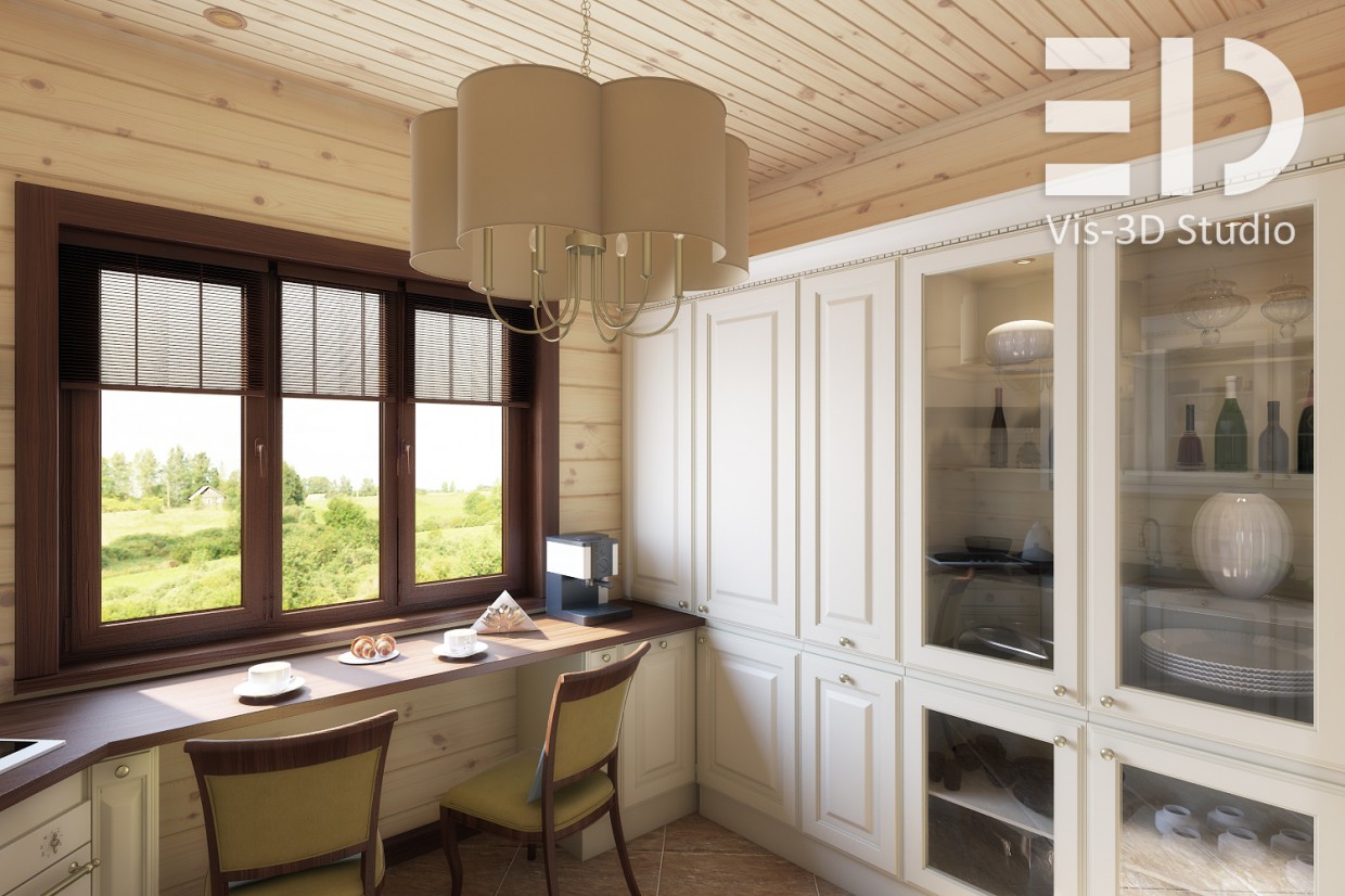 Visualization of the kitchen and dining room in 3d max vray image
