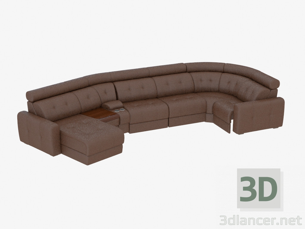 modello 3D divano ad angolo in pelle con minibar e pouf - anteprima