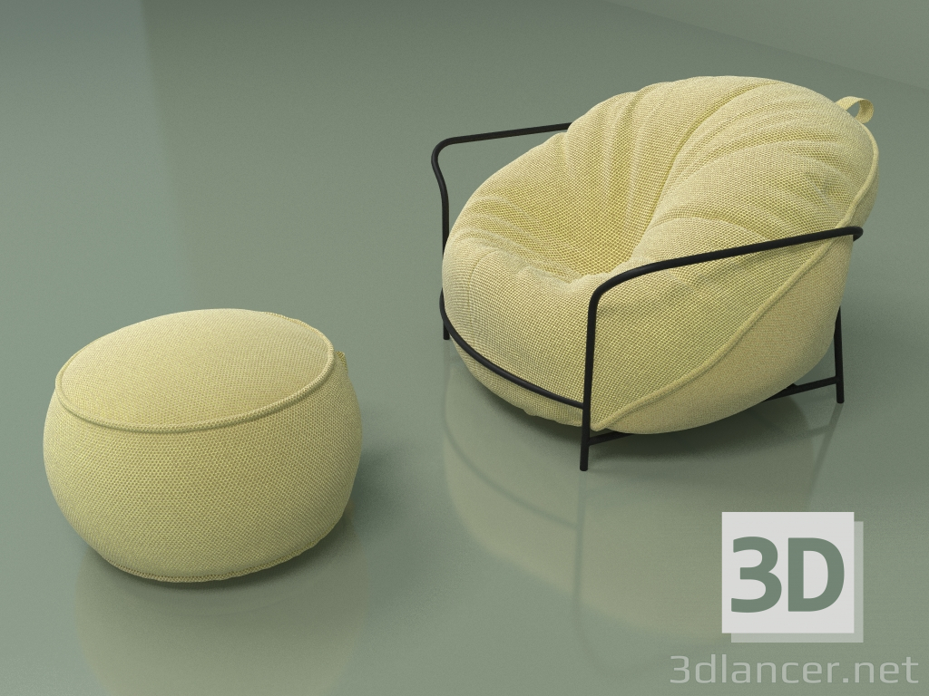 modèle 3D Fauteuil Uni avec pouf (jaune) - preview