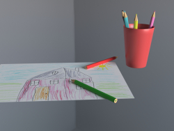 Цветные карандаши в стакане и детский рисунок