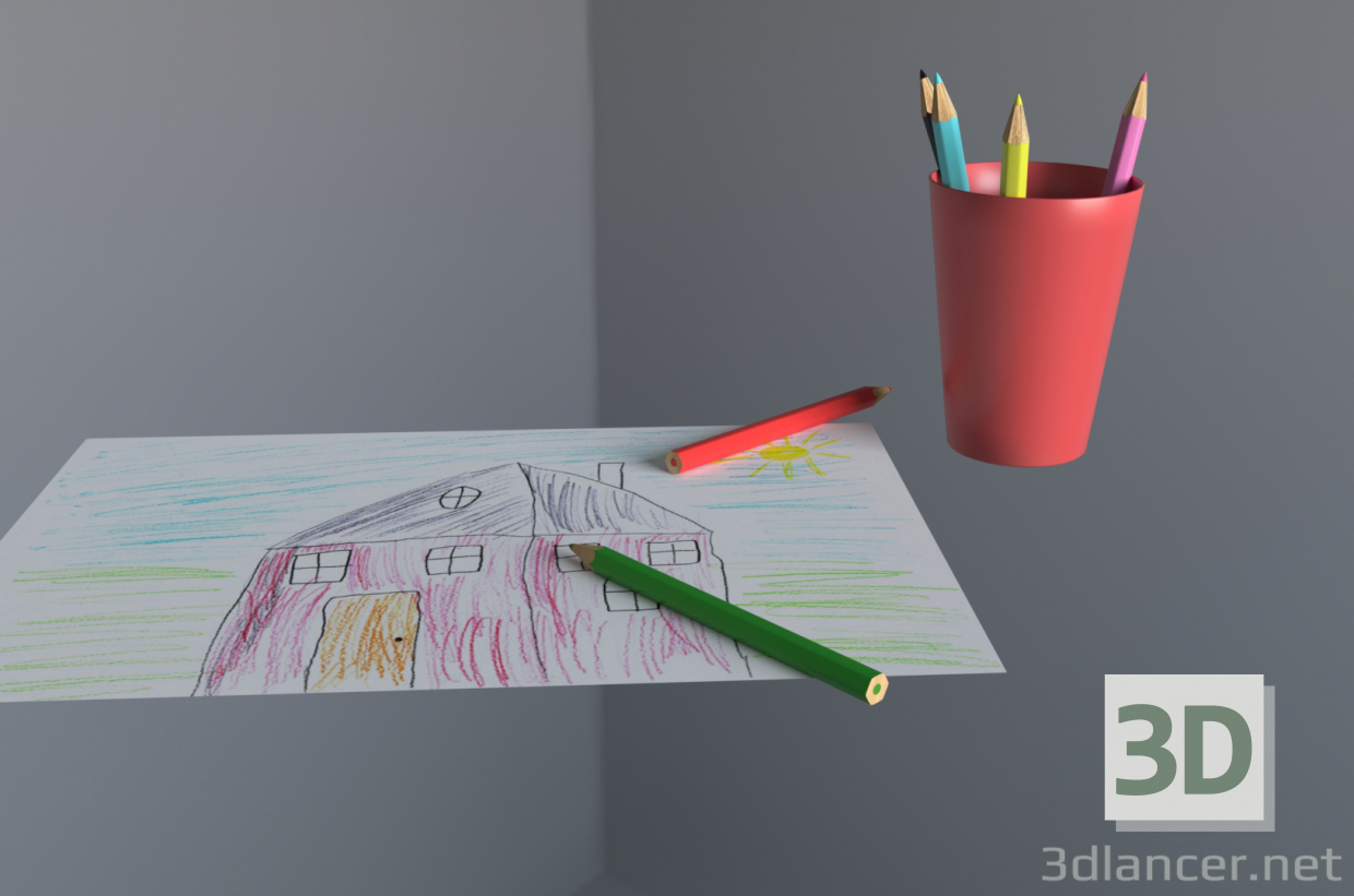 3d Цветные карандаши в стакане и детский рисунок модель купить - ракурс