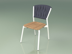 Chair 220 (Metal Milk, Teak, gepolsterter Gürtel Grau-Blau)