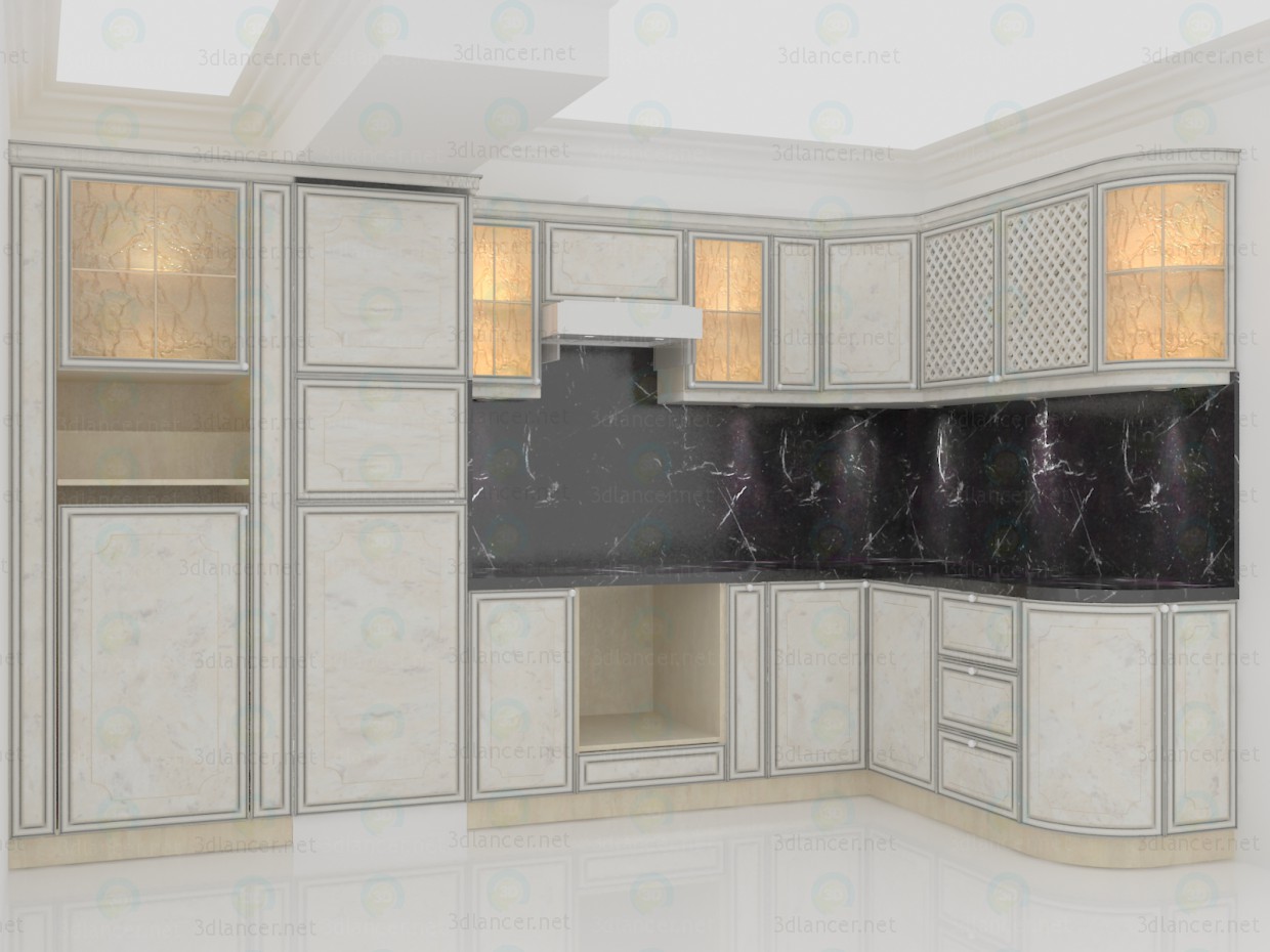 3d Классическая белая мраморная кухня с литой столешницей модель купить - ракурс