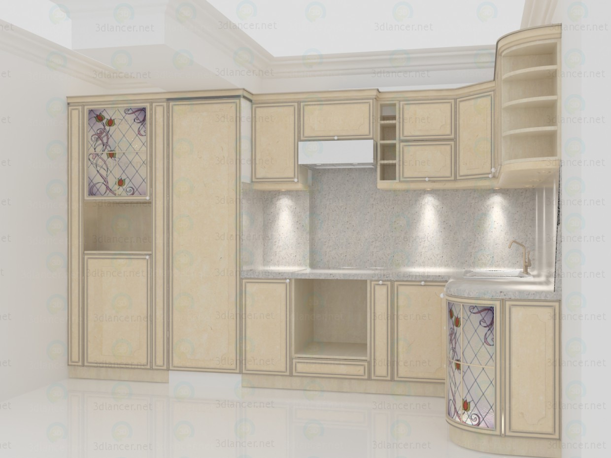 3d Классическая кухня травертиновые фасады с гранитной столешницей модель купить - ракурс 3d Классическая кухня травертиновые фасады с гранитной столешницей модель купить - ракурс