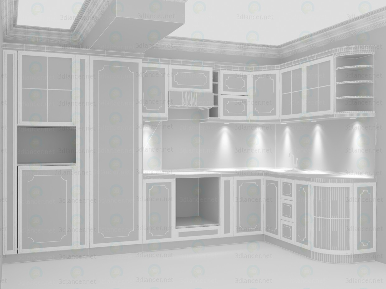 3d Классическая кухня травертиновые фасады с гранитной столешницей модель купить - ракурс 3d Классическая кухня травертиновые фасады с гранитной столешницей модель купить - ракурс
