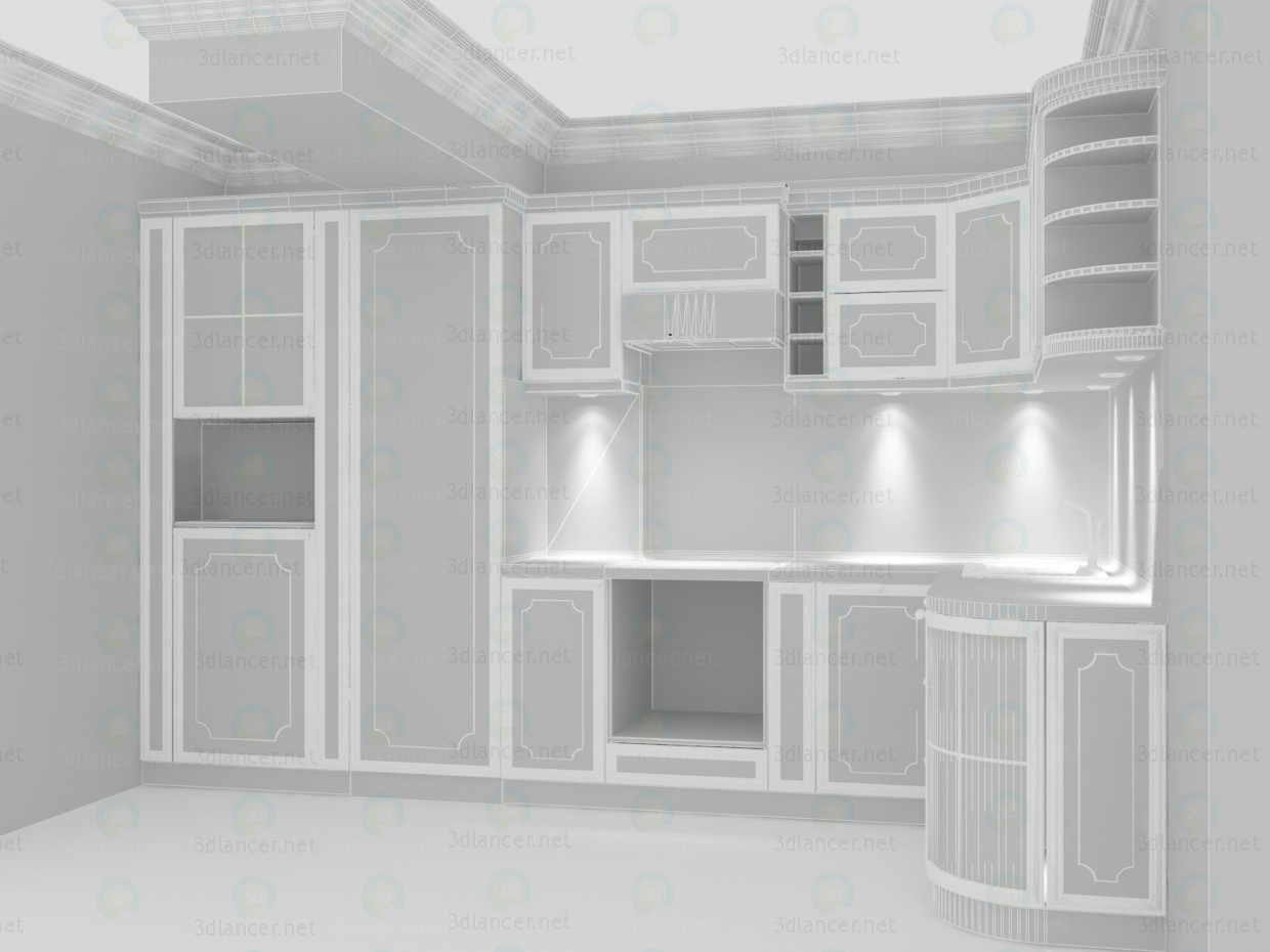 3d Классическая кухня травертиновые фасады с гранитной столешницей модель купить - ракурс 3d Классическая кухня травертиновые фасады с гранитной столешницей модель купить - ракурс