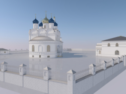 Ek binaları ve çitleri olan St. George Kilisesi. Dedovsk
