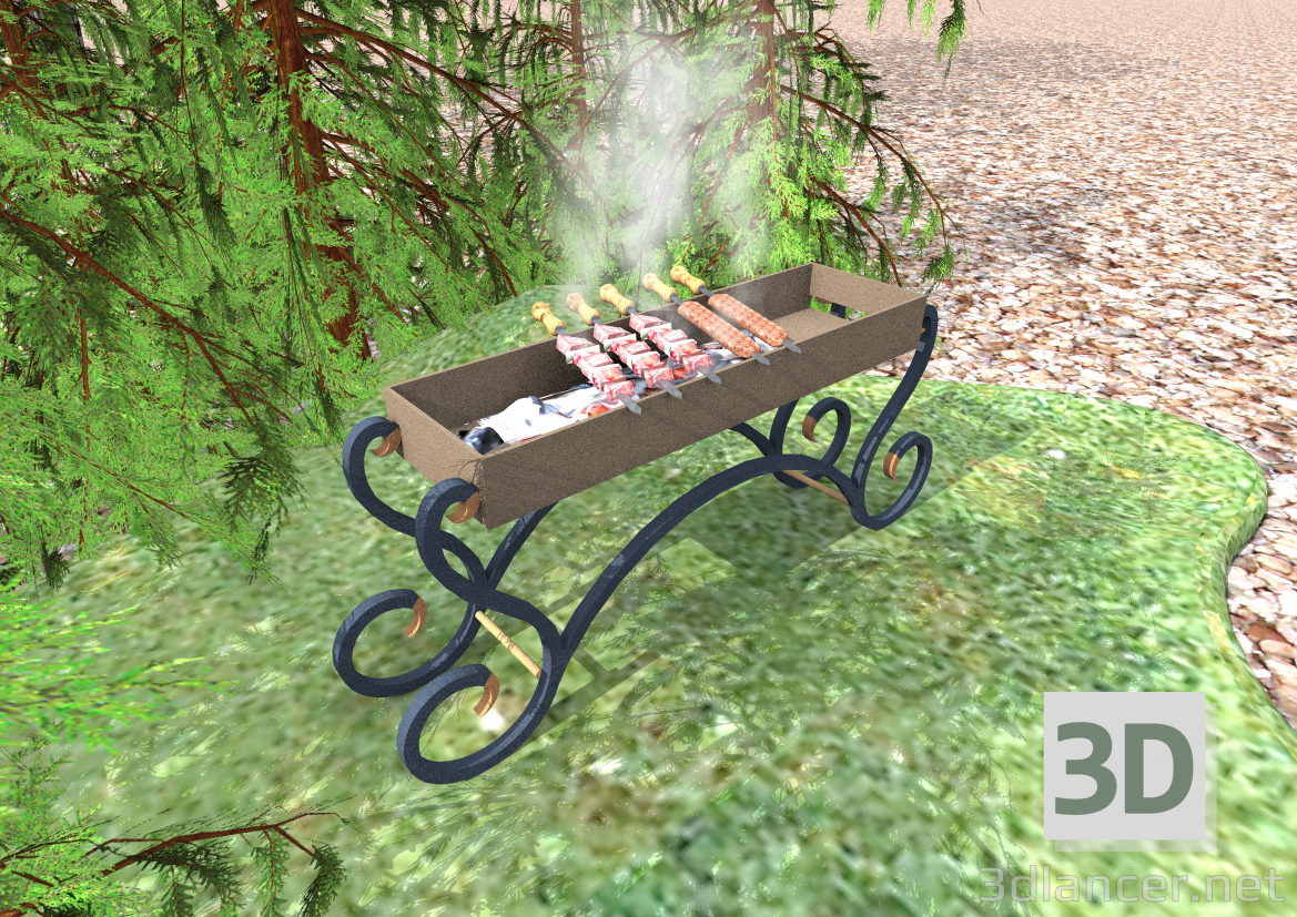 3d BBQ with barbecue model buy - render