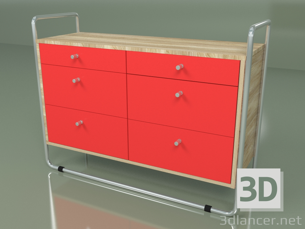 modello 3D Cassettiera (rosso, impiallacciatura chiara) - anteprima