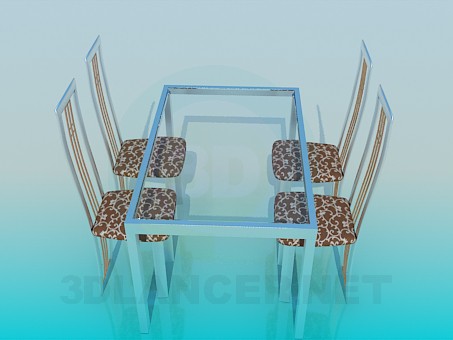 modelo 3D Mesa con sistema de cristal del tablero de la mesa y sillas - escuchar modelo 3D Mesa con sistema de cristal del tablero de la mesa y sillas - escuchar
